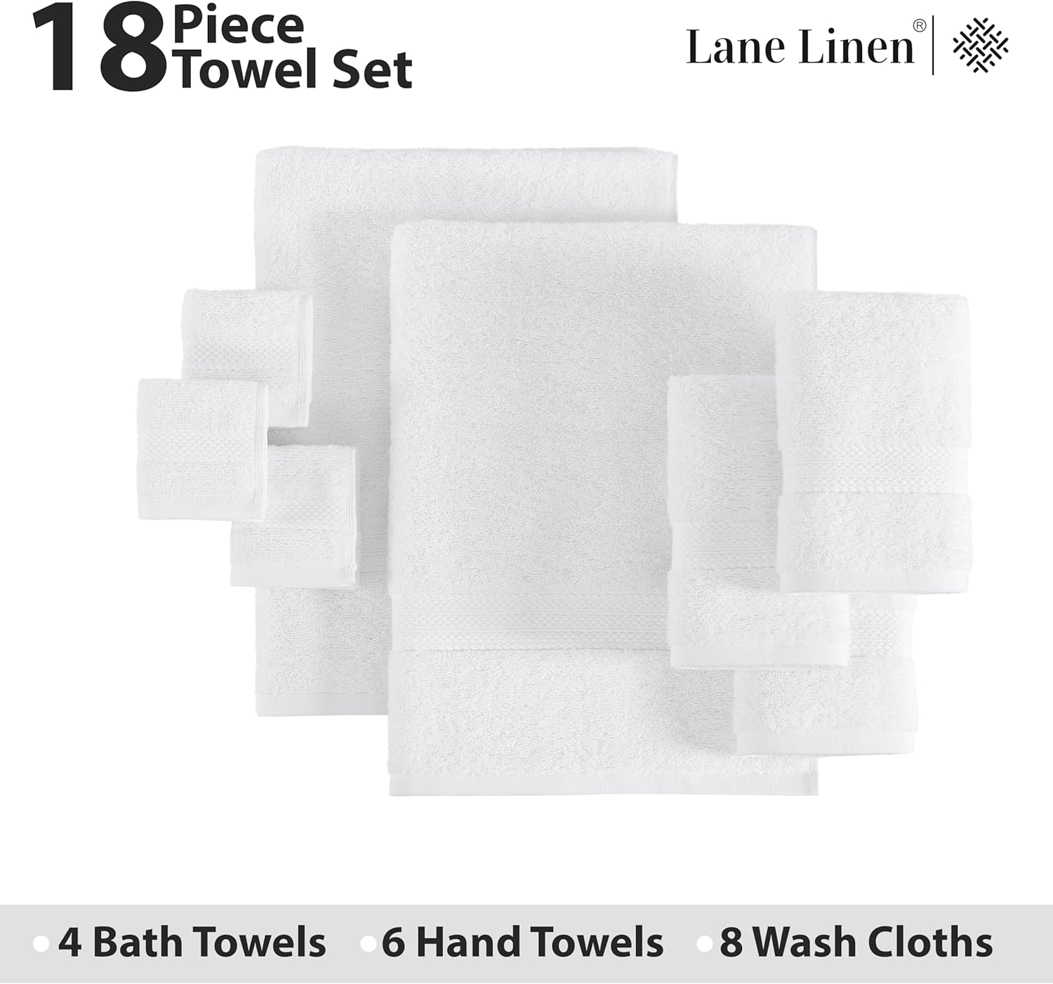 LANE LINEN Cotton Bath Towel Set 18 Piece - Super Soft, Absorbent & Quick Dry - 4 Bath, 8 Washcloths, 6 Hand Towels for Bathroom - Hotel Quality Turkish Towels, Ideal for Spa, Gym & Travel - White