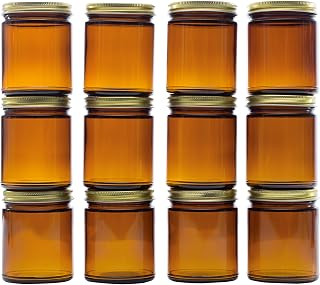 North Mountain Supply 9 Ounce Amber Glass Straight Sided Mason Canning Jars - with 70mm Gold Metal Lids - Case of 12