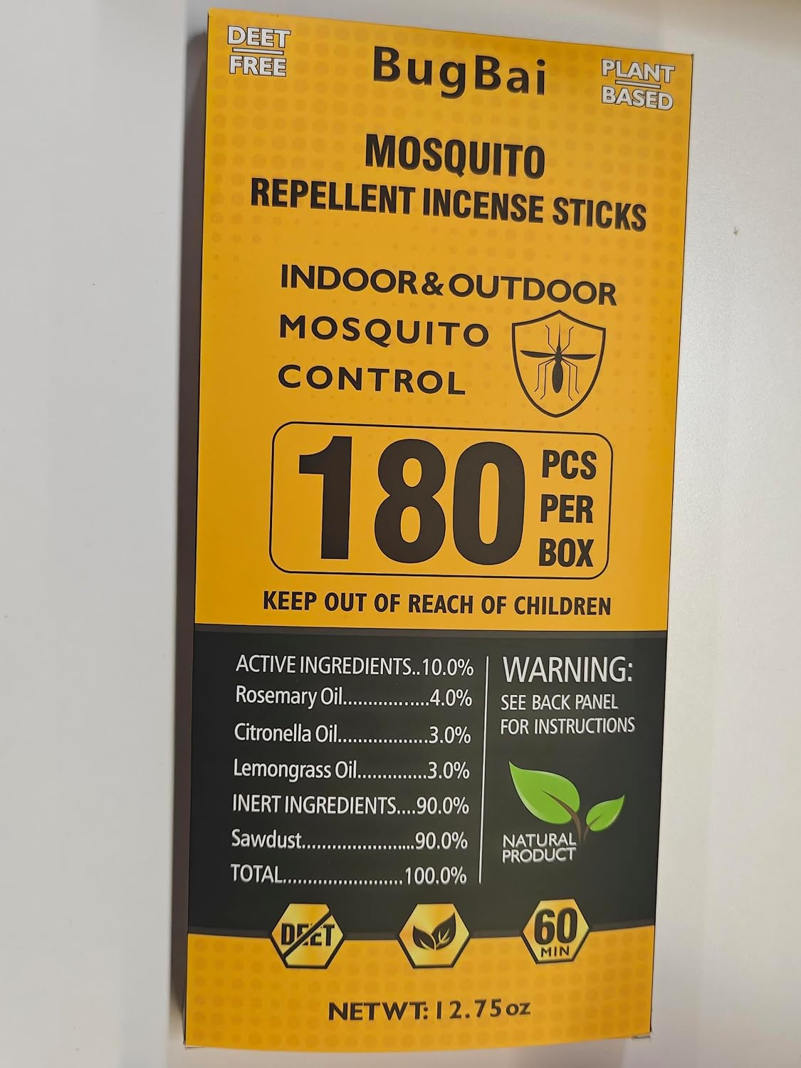 BugBai® Mosquito Repellent Incense Sticks 180 PCS, Citronella Oil DEET-Free Mosquito Repellent for Outdoor Patio Backyard Garden, Natural Plant-Based Bug Repellent for Camping Fishing