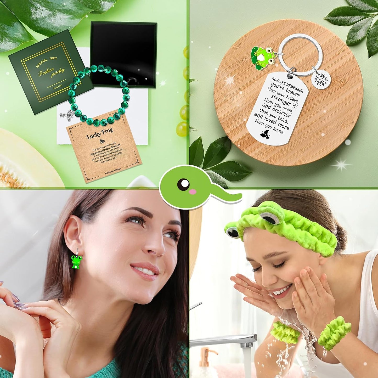 JTAMOHI 10 Pcs Frog Gifts, Frog Lovers Gifts for Women, Cute Frog Stuff with 16 Oz Frog Glass Cup Tote Bag Candle Socks Bracelet Earrings Keychain Headband Wristbands for Birthday Christmas Frog Lover