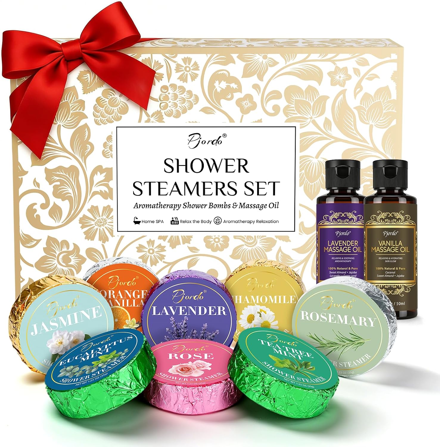 Pjordo Shower Steamers Aromatherapy, Birthday Gifts for Women Wife Her, 16 Pack Shower Bombs with Natural Essential Oil & 2 Pack Massage Oil for Moisturizing, Self Care Relaxation Home Spa