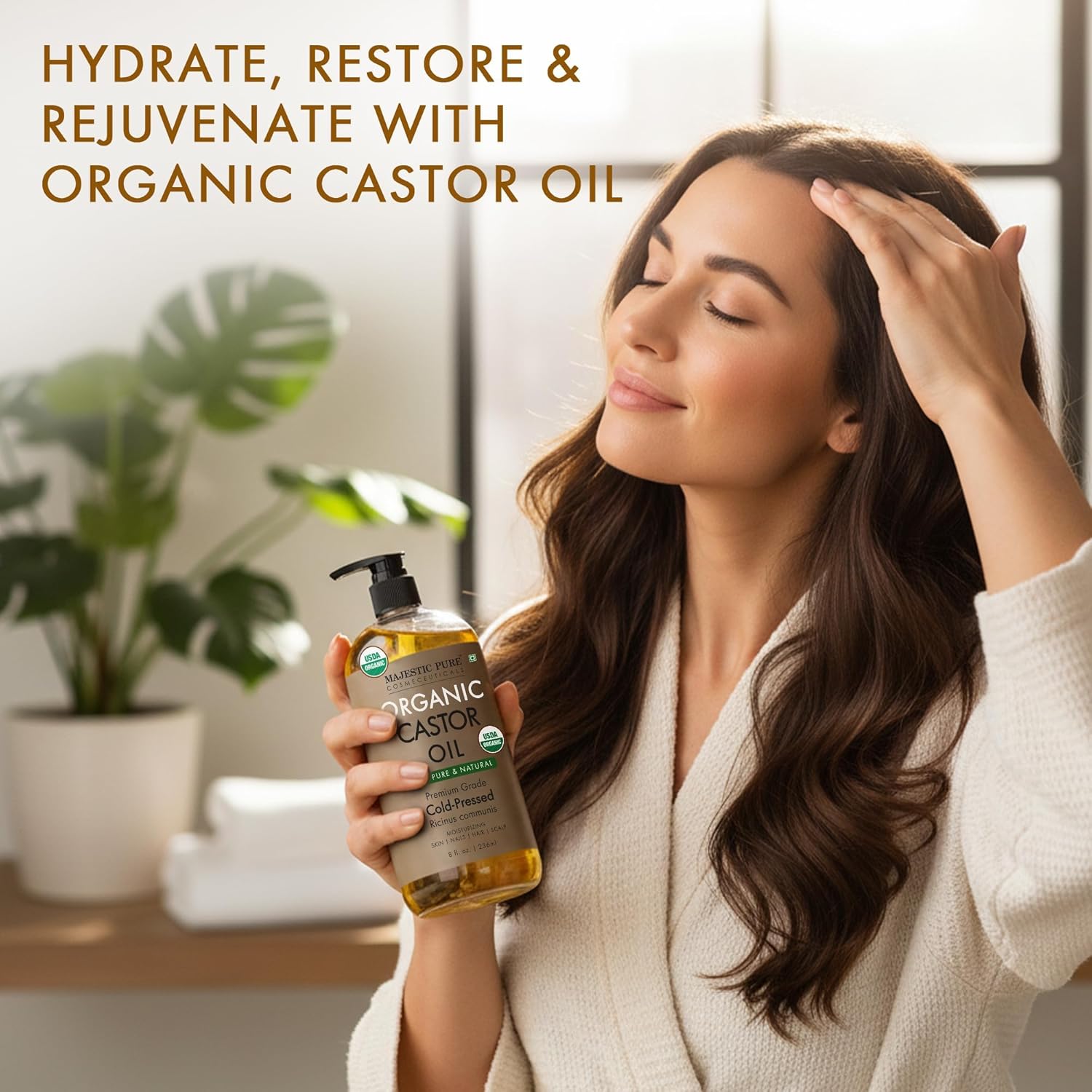 Majestic Pure Oil - 100% Pure and Natural- Cold Pressed & Hexane Free Natural Hair Growth Oil for Eyelashes, Eyebrows, Skin, Body, Face, Nails & Scalp - USDA Organic Castor Oil 8 Fl Oz