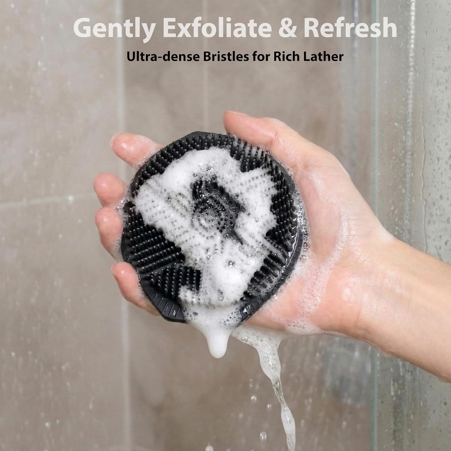 MtBoi 2 Pack Silicone Exfoliating Body Scrubber, Soft Silicone Loofah for Sensitive Skin, 2-in-1 Body Brush & Shower Head Massager, Easy to Clean, Rich Lather (Black&Purple)