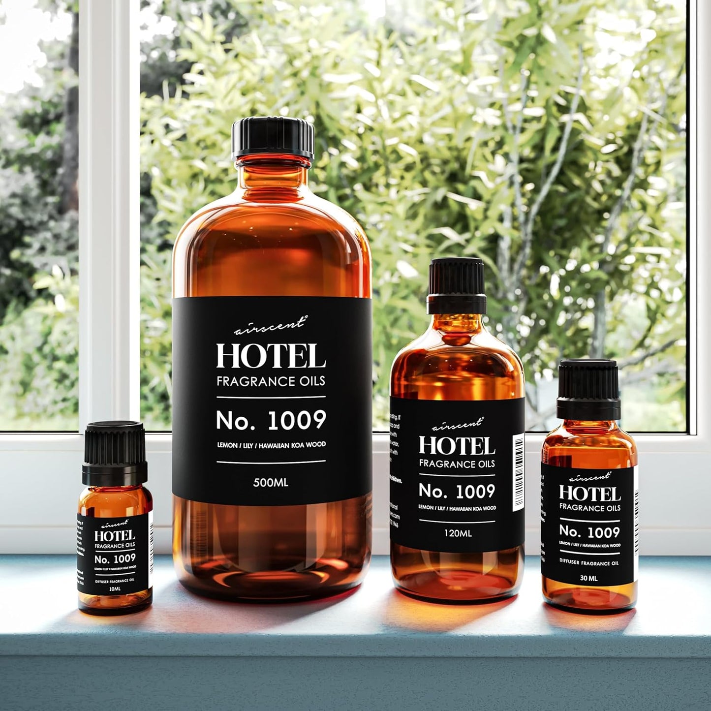 AirScent Hotel Diffuser Oil No. 1009 - Lemon Lily Hawaiian Koa Wood - Hotel Scent Dupe - Premium Fragrance Oil for Ultrasonic and Waterless Diffusers and Crafting - 500 mL, 16.9 fl oz Glass Bottle