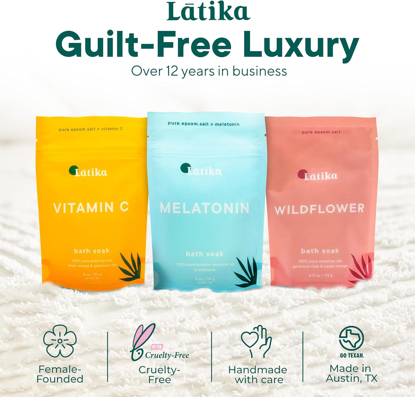Latika Bath Soak Stress Relief Set of 3 - Wildflower, Melatonin, Vitamin C - Moisturizing Bath Soak with Epsom Salt & Essential Oils for Stress Relief, Muscle Recovery, & Relaxation - At-Home Spa