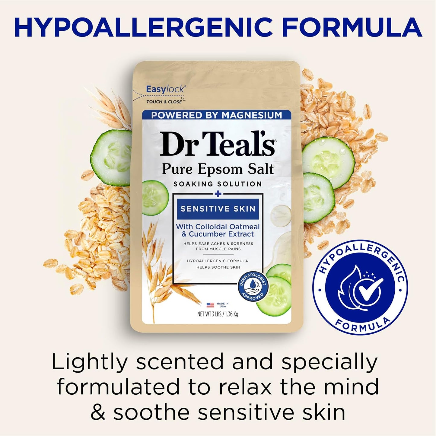 Dr Teal's Epsom Salt Magnesium Soak, Sensitive Skin with Colloidal Oatmeal & Cucumber Extract, 3 lbs (Pack of 2)