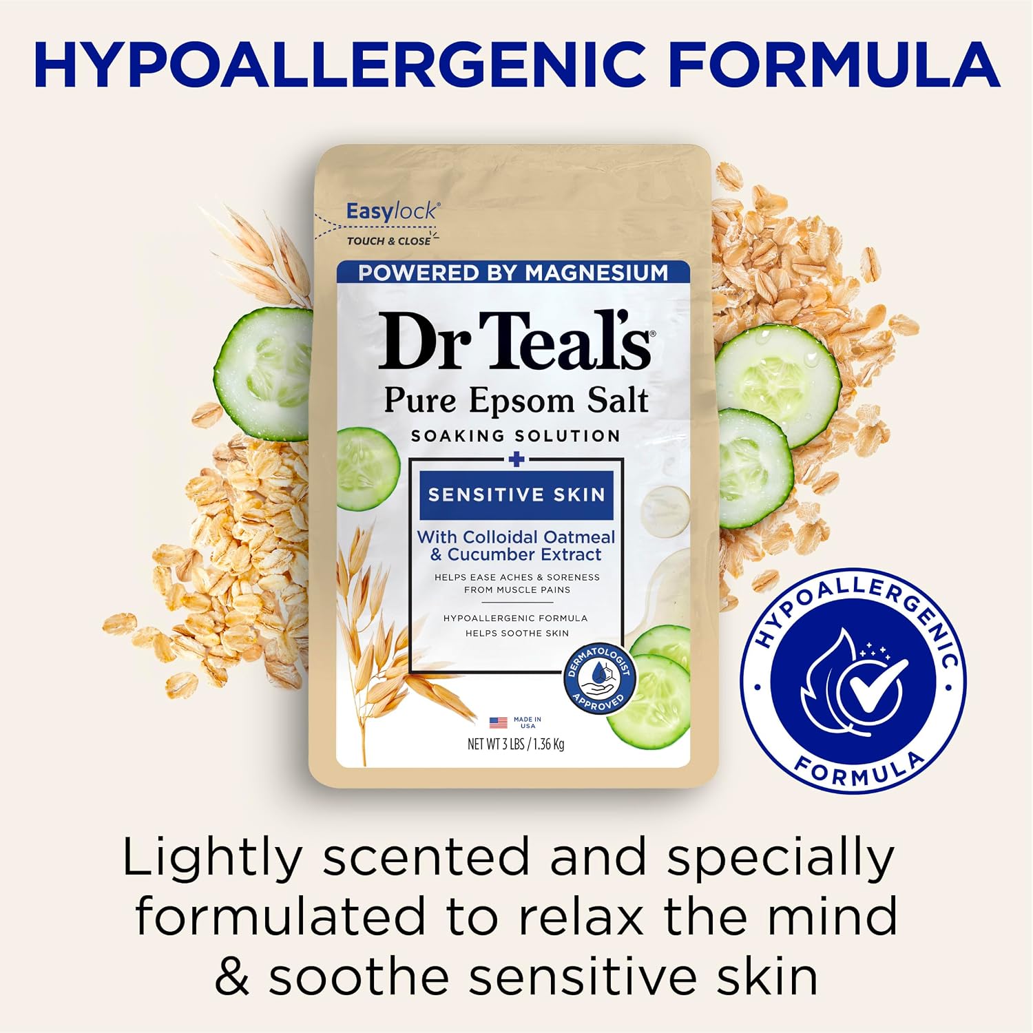 Dr Teal's Epsom Salt Magnesium Soak, Sensitive Skin with Colloidal Oatmeal & Cucumber Extract, 3 lbs (Pack of 2)