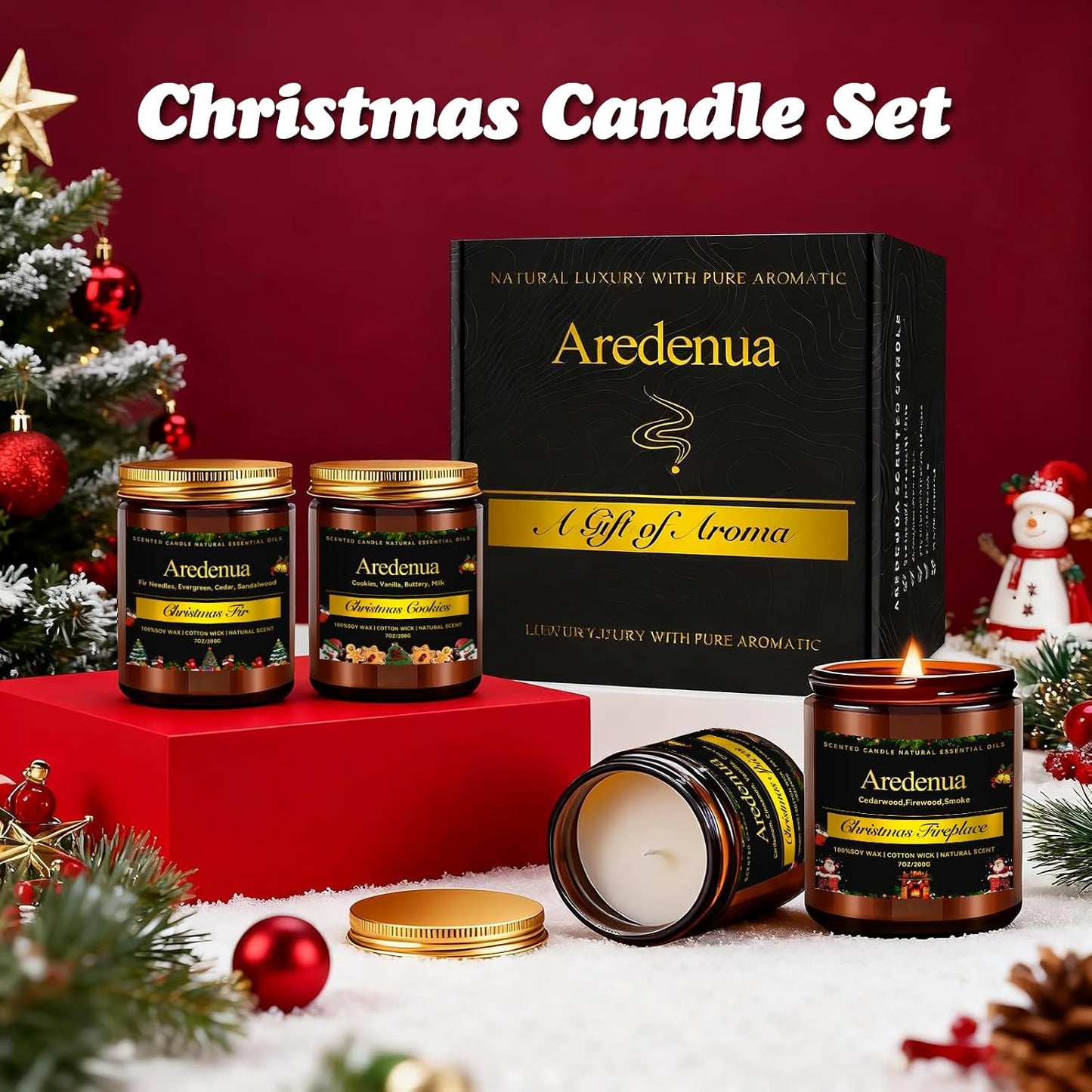 Holiday Candles Set | 4 Pack Holiday Scented Candles, Hand Poured Soy Candles for Home Scented - Christmas Candle Gifts for Women and Men - Scents of Fir/Spices/Cookies/Fireplace