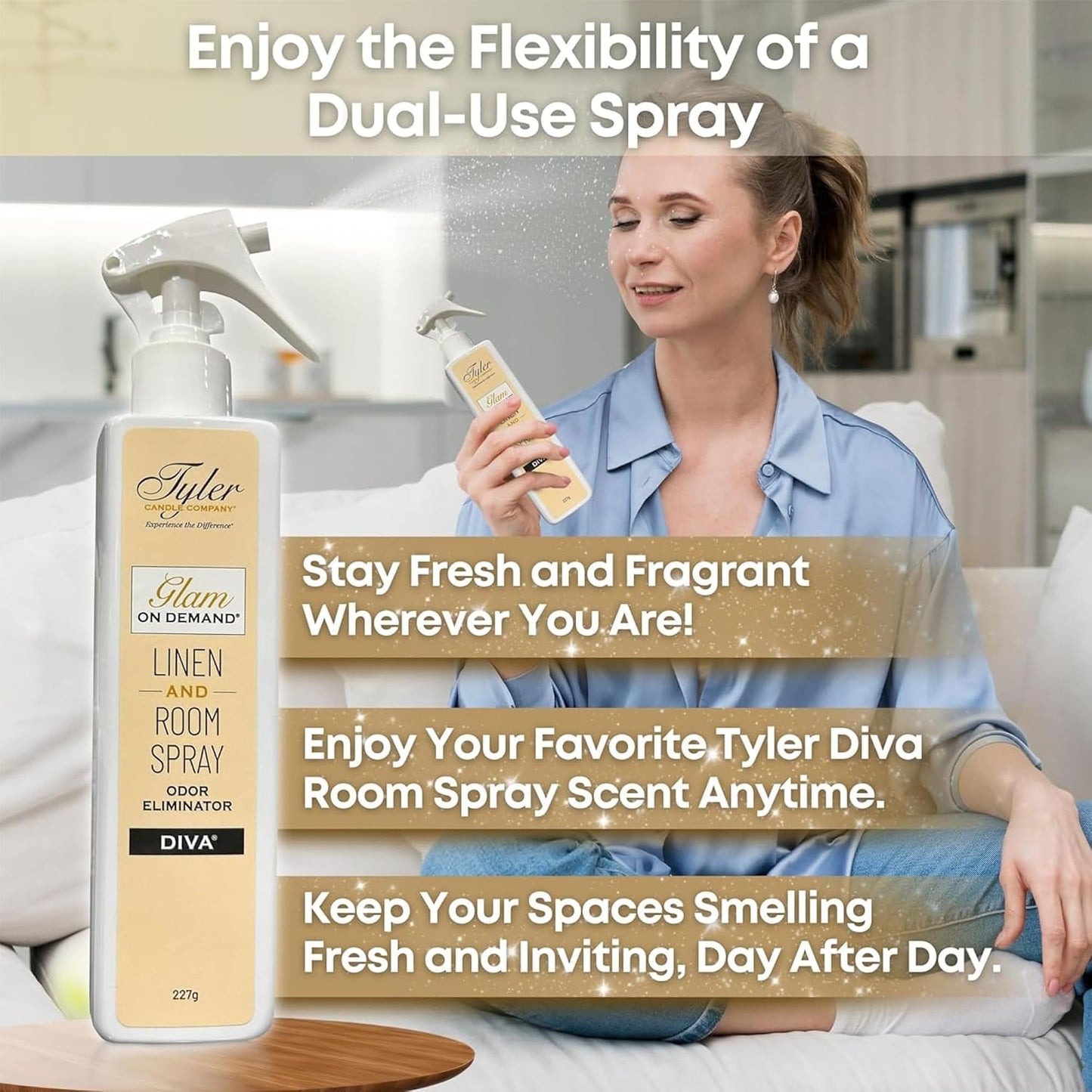Tyler Glam on Demand - Diva Scent Linen and Room Spray 2 Pack - Air Freshener and Odor Eliminator Bundle with Stain Remover Pen - Laundry Bundle