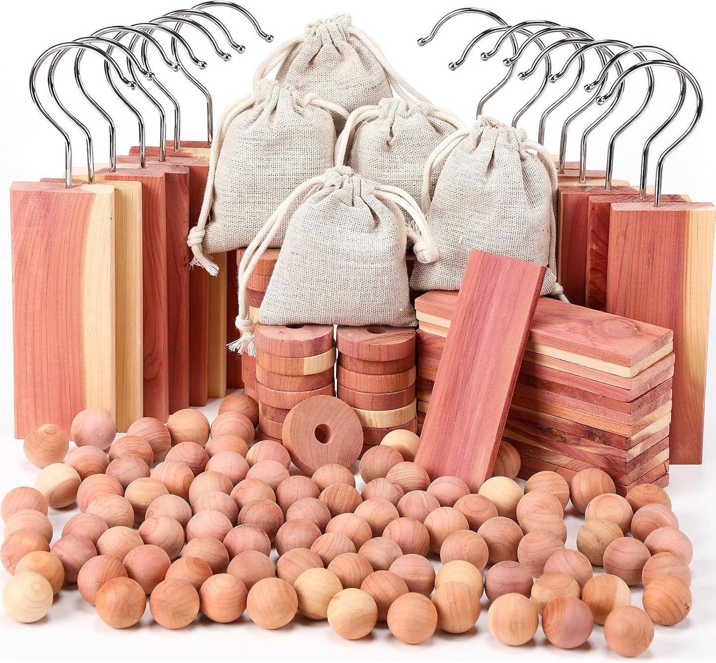 Geetery 150 Pcs Cedar Blocks for Clothes Storage Aromatic Planks with Metal Hooks Cedar Chips and Balls Wooden Scented Accessories for Drawer Closet Freshener