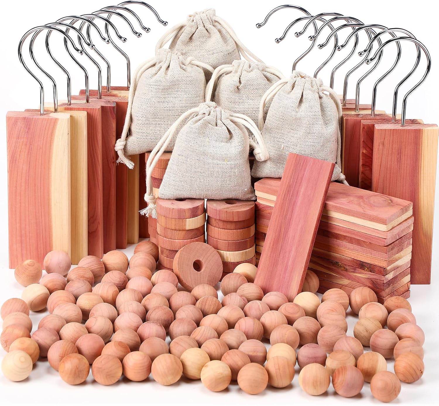 Geetery 150 Pcs Cedar Blocks for Clothes Storage Aromatic Planks with Metal Hooks Cedar Chips and Balls Wooden Scented Accessories for Drawer Closet Freshener