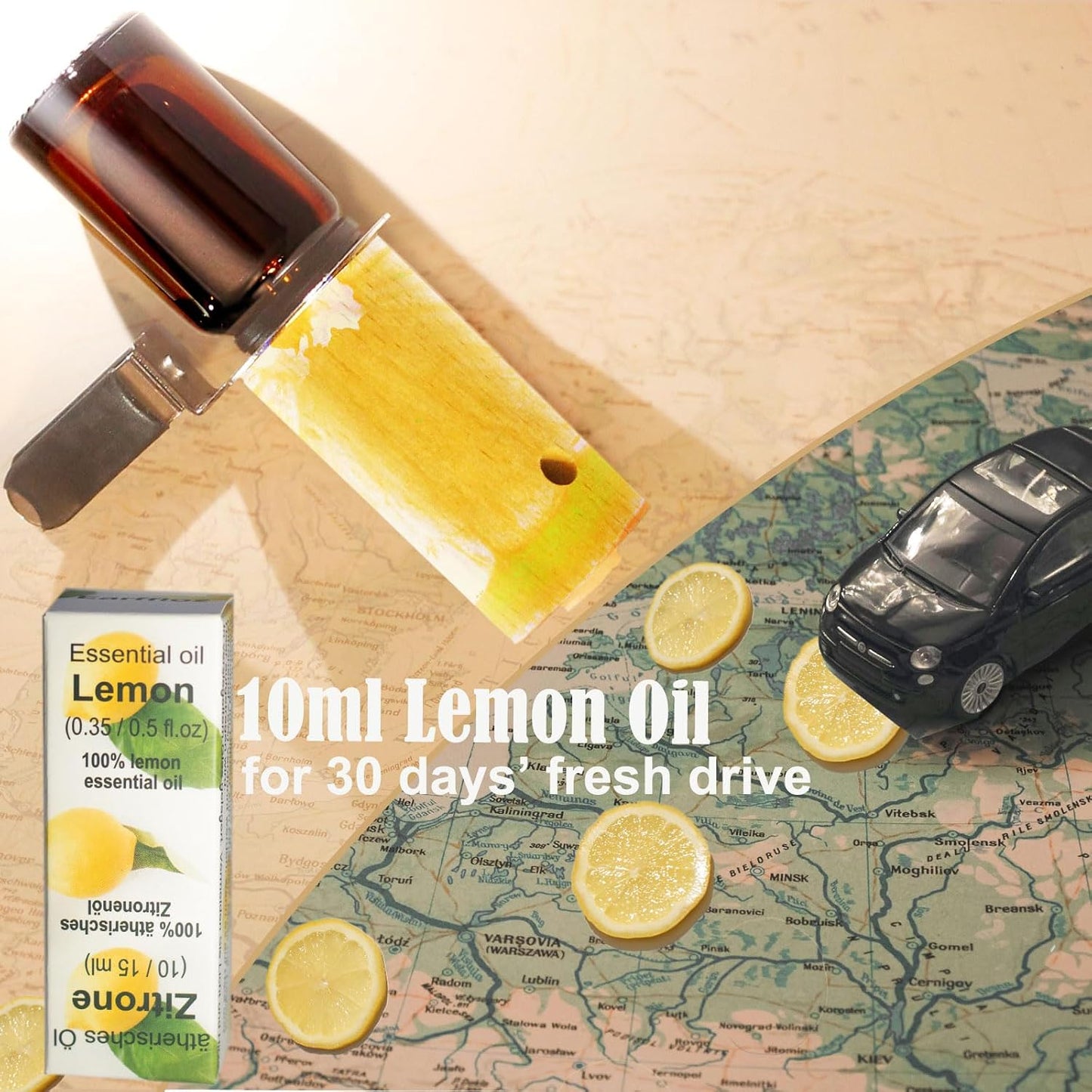 Lemon Car Scent 30 Days’ Refillable Odor Fighting Non-toxic Strong Natural Fresh Fragrance, Vent Clip Wood Diffuser & Pure Essential Oils Auto Air Freshener (1x Beech Diffuser + 10ml Oil)