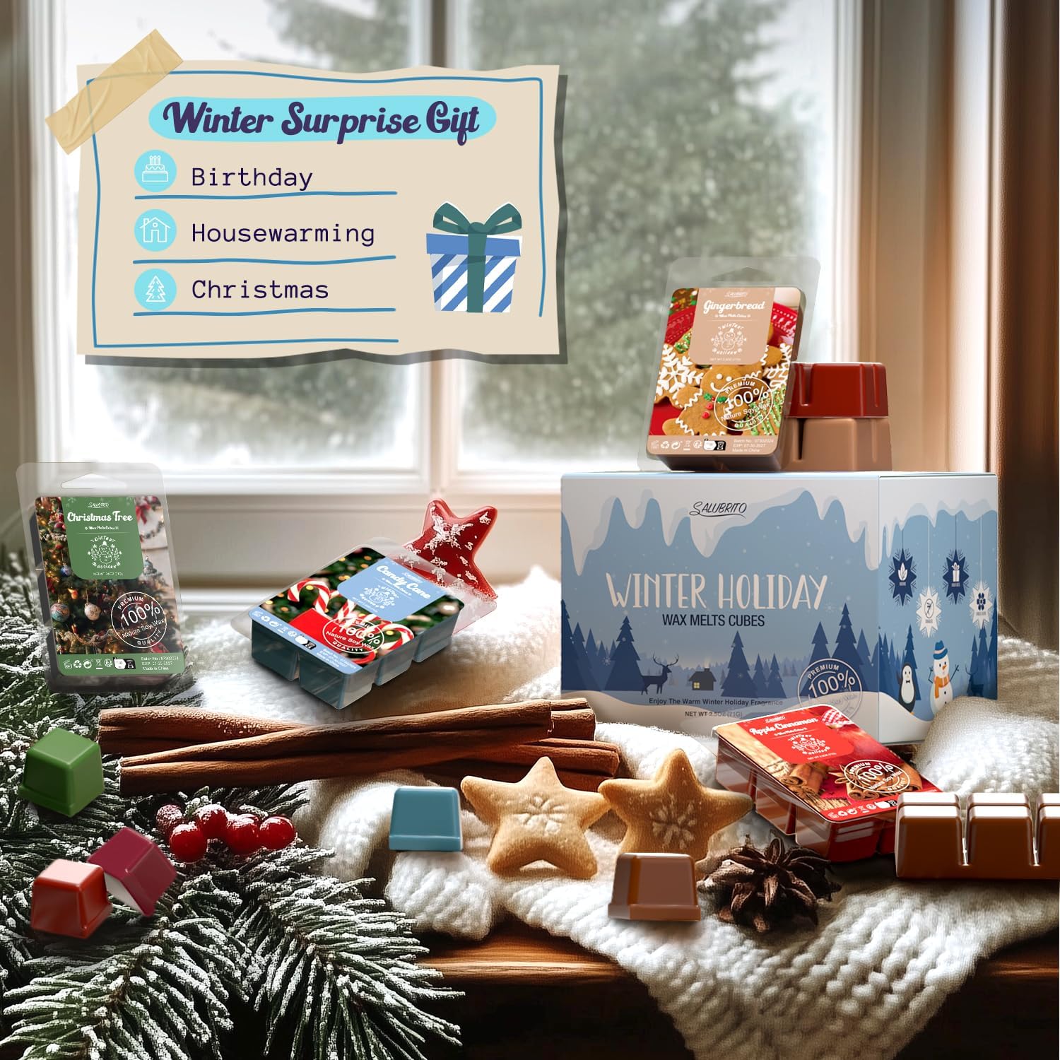 Salubrito Winter Scented Wax Melts, Strong Scented Soy Wax Cubes/Tarts Variety Set - Christmas Tree, Gingerbread, Candy Cane, Spiced Cider, Cranberry, Apple Cinnamon, Sugar Cookies, Hot Chocolate