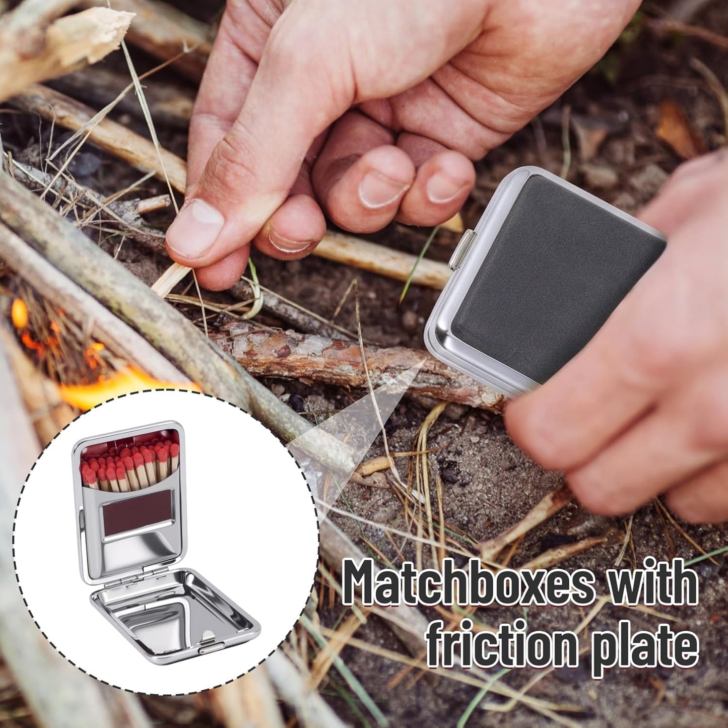 Stainless Steel Match Box Case with Friction Plate, Portable Waterproof Matchbox Storage Case, Reusable Pocket Matchstick Holder for Camping Hiking Fishing Travel Outdoor Activities- Black