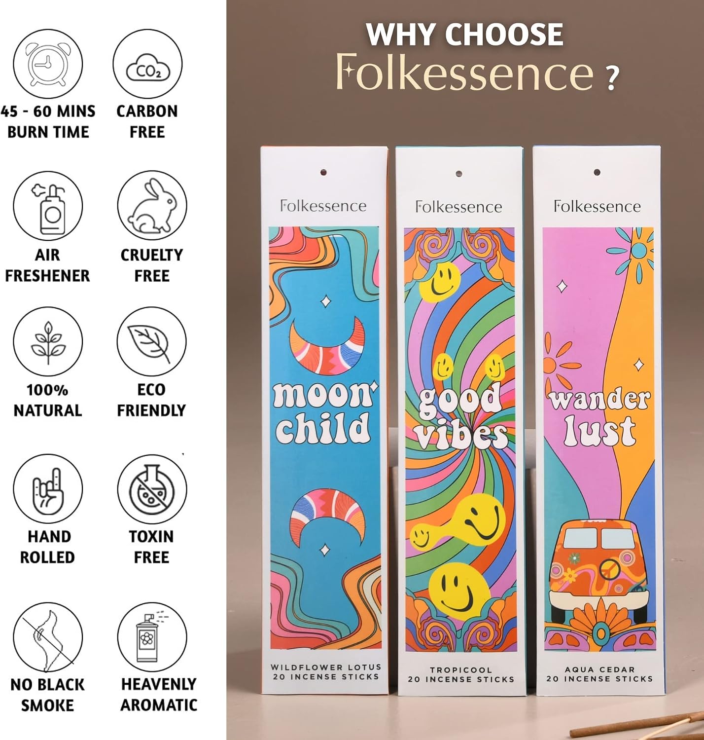 Folkulture Incense Sticks (120 Sticks) | Set of 6 Premium Best Smelling Incense for Negative Energy Cleansing Home | No Charcoal, Organic, Non Toxic, 45 Mins BurnTime Balsam Cedarwood Insence-Sticks