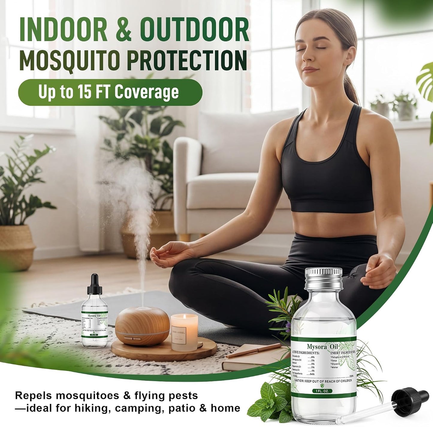 Mosquito Repellent Essential Oil Refill, 2oz Citronella Oil with Dropper for Diffusers, Humidifiers & Patio Devices, Plant-Based Bug Repellent for Camping, Hiking, Home Indoor & Outdoor Use