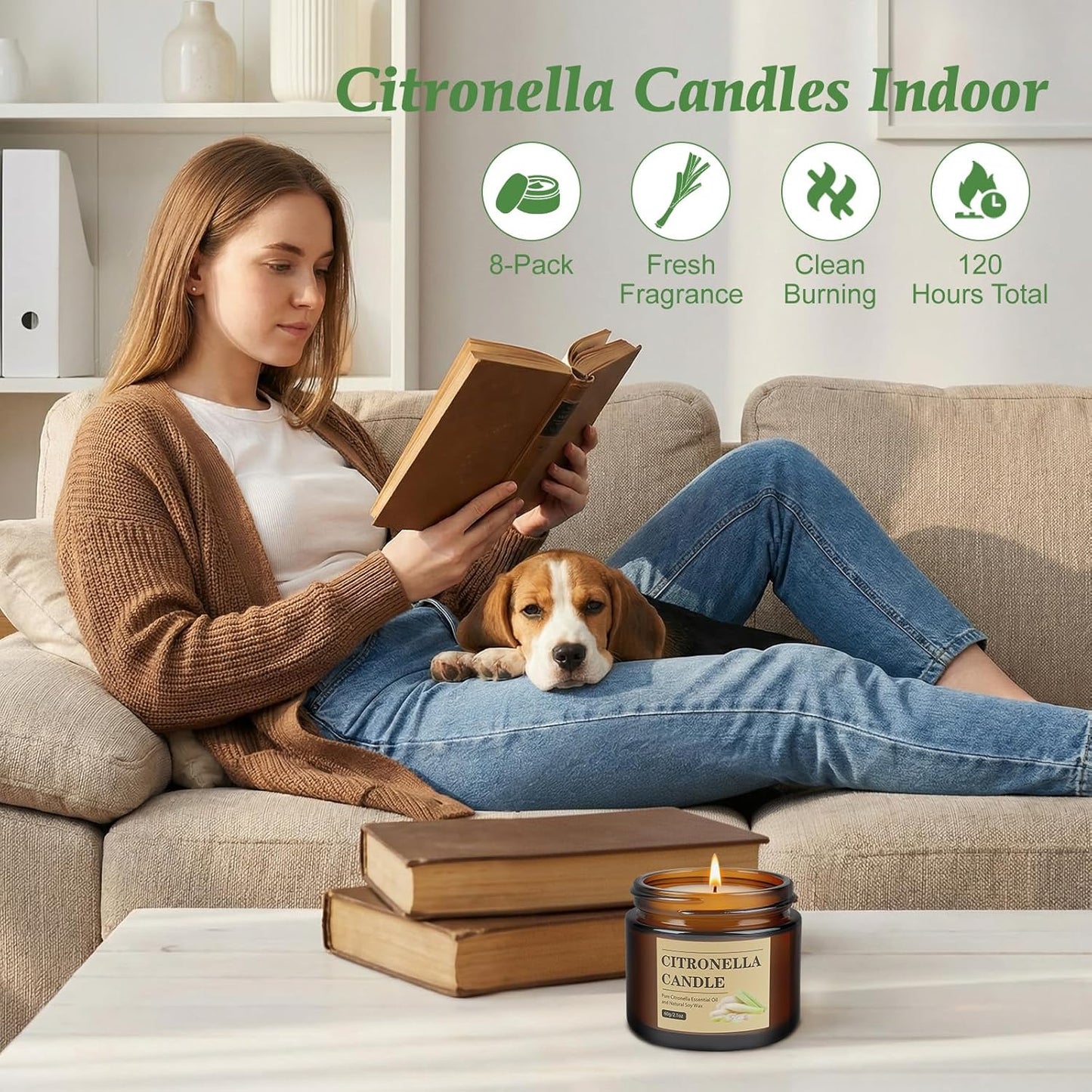 Citronella Candles Outdoor, 8 Pack Citronella Candles with Lids, 120 Hours Burn Time, Natural Soy Wax, Glass Jar Candle for Patio, Yard, Camping, Balcony, Garden, Summer Nights and Indoor Use