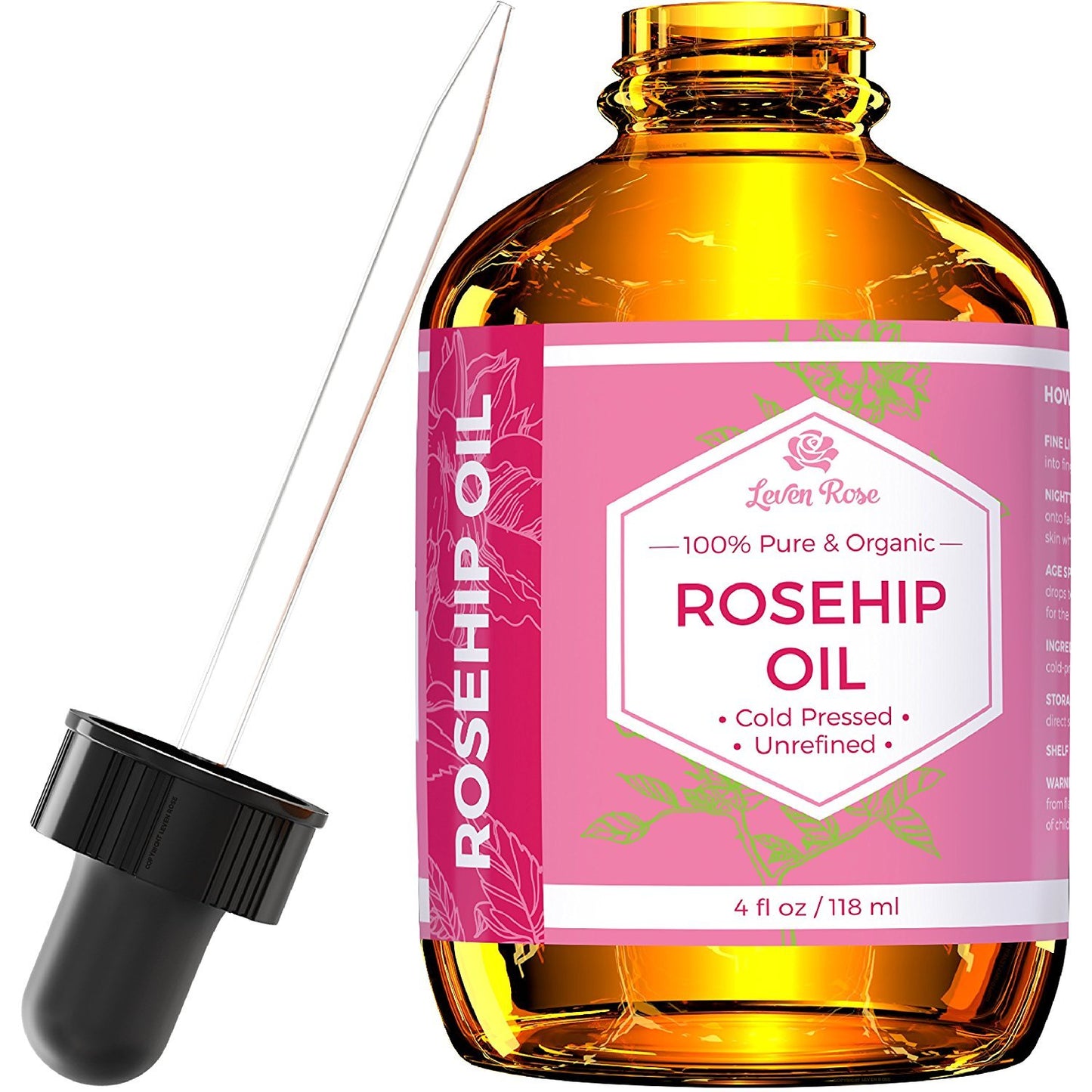 Leven Rose Pure Rosehip Oil for Face Organic Cold Pressed 4 oz - Rose Hip Seed Oil, Unrefined for Nighttime Face Moisturizer for Hair, Skin & Nails