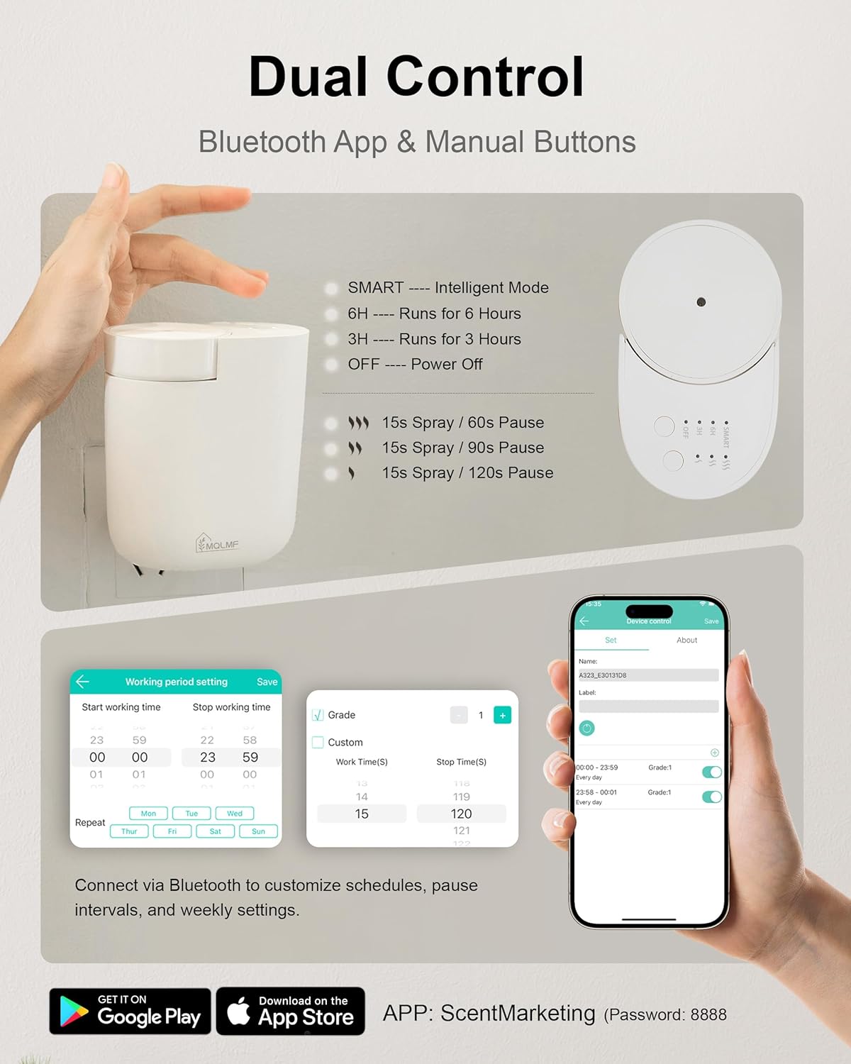 Waterless Plug in Diffuser, 800 Sq Ft, No Wobble Secure Wall Fit, Adjustable Timer & Scent Intensity,App Control,Essential Oil Plug in Wall Diffuser, Includes 2 x 60ml Fragrance Oils, White