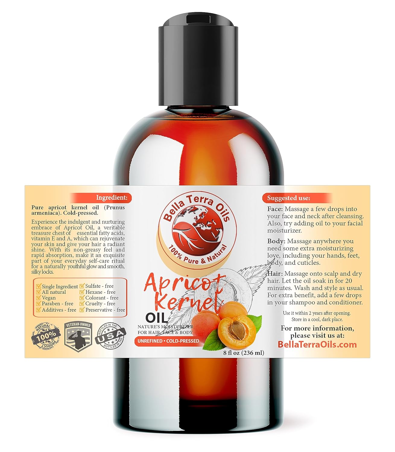 Bella Terra Oils - Natural Apricot Seed Oil 8 oz - Cold-Pressed from Bitter Natural Apricot Kernels, Rich in Vitamin K & Omega-6 for Skin