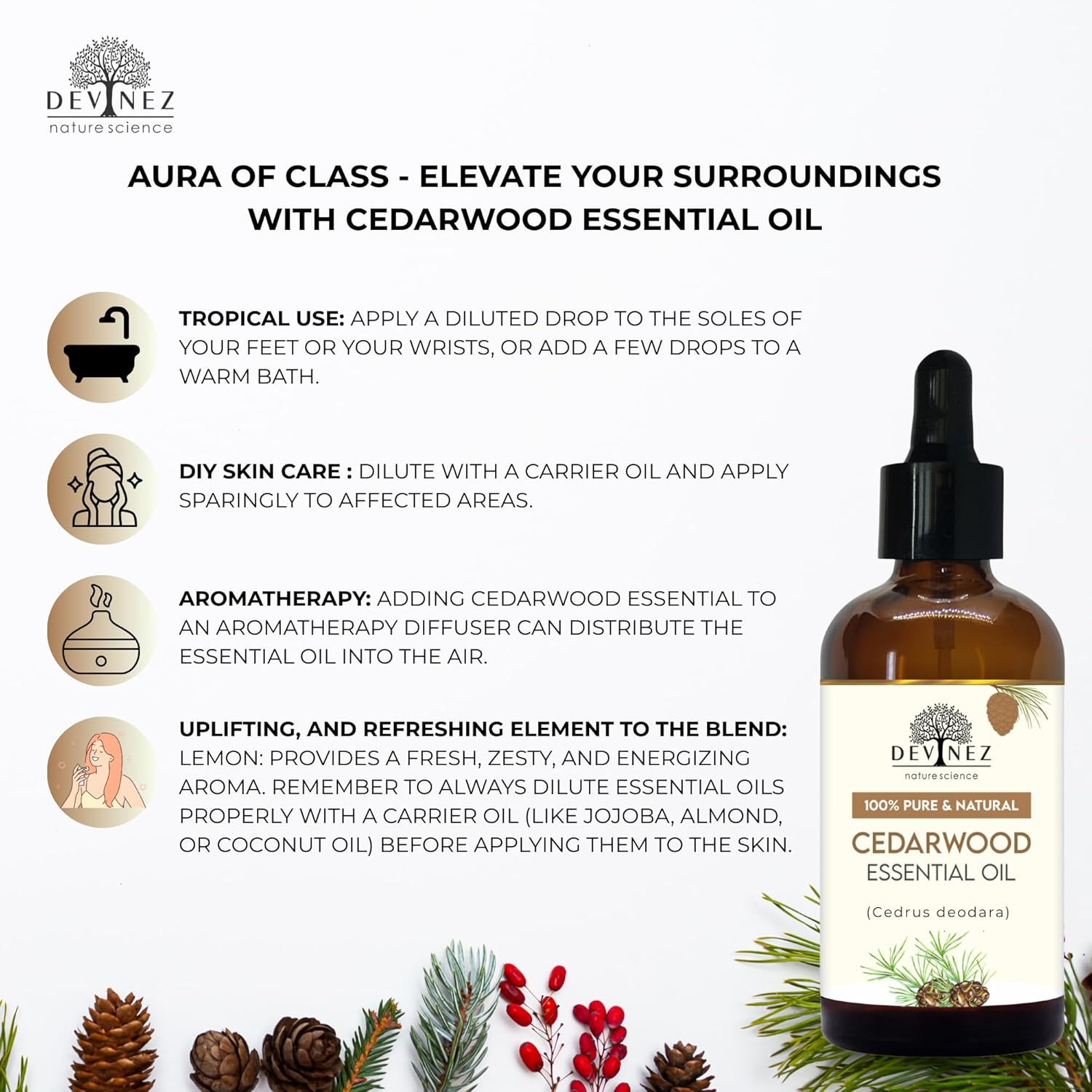 Devinez Cedarwood Essential Oil 30ml/ 1.01 Fl Oz | 100% Natural| for Aromatherapy & Hair Care