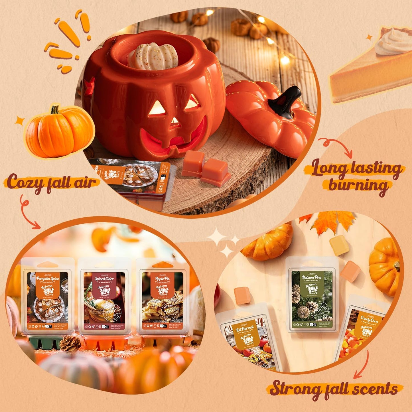 Salubrito Fall Scented Wax Melts, Strong Scented Soy Wax Cubes/Tarts Variety Set- Pumpkin Spice, Cinnamon, Spiced Cider, Snickerdoodle, Balsam Pine, Candy Corn, Fall Harvest, Apple Pie, 8x2.5oz
