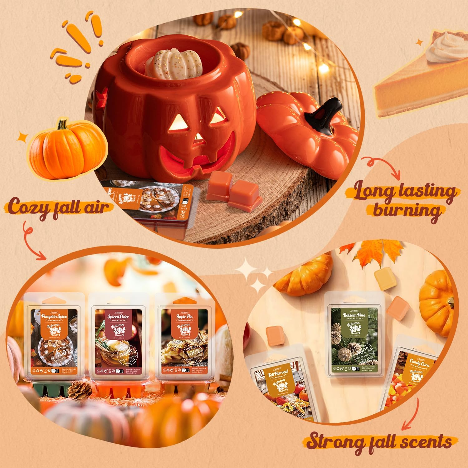 Salubrito Fall Scented Wax Melts, Strong Scented Soy Wax Cubes/Tarts Variety Set- Pumpkin Spice, Cinnamon, Spiced Cider, Snickerdoodle, Balsam Pine, Candy Corn, Fall Harvest, Apple Pie, 8x2.5oz
