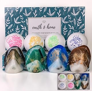 Gemstone Soap & Bath Bomb Set- Relaxing Spa Gift for women- Mothers day gift set- 4 Decorative scented Rock Soap with Crystals and 4 Fizzy Bath Bomb- with Natural Ingredients & Essential Oil