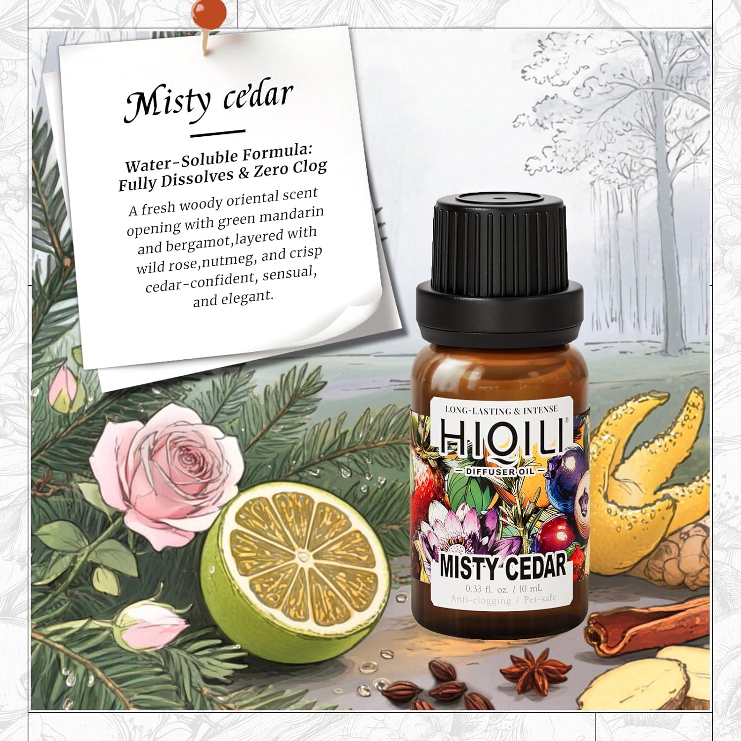 HIQILI Misty Cedar Diffuser Oil for Humidifiers & Ultrasonic Diffusers, Inspired by Bvrberry Bri.t for Him, Luxury Hotel Scents, Calming & Relaxing Essential Oil Blends for Aromatherapy - 0.34 Fl Oz