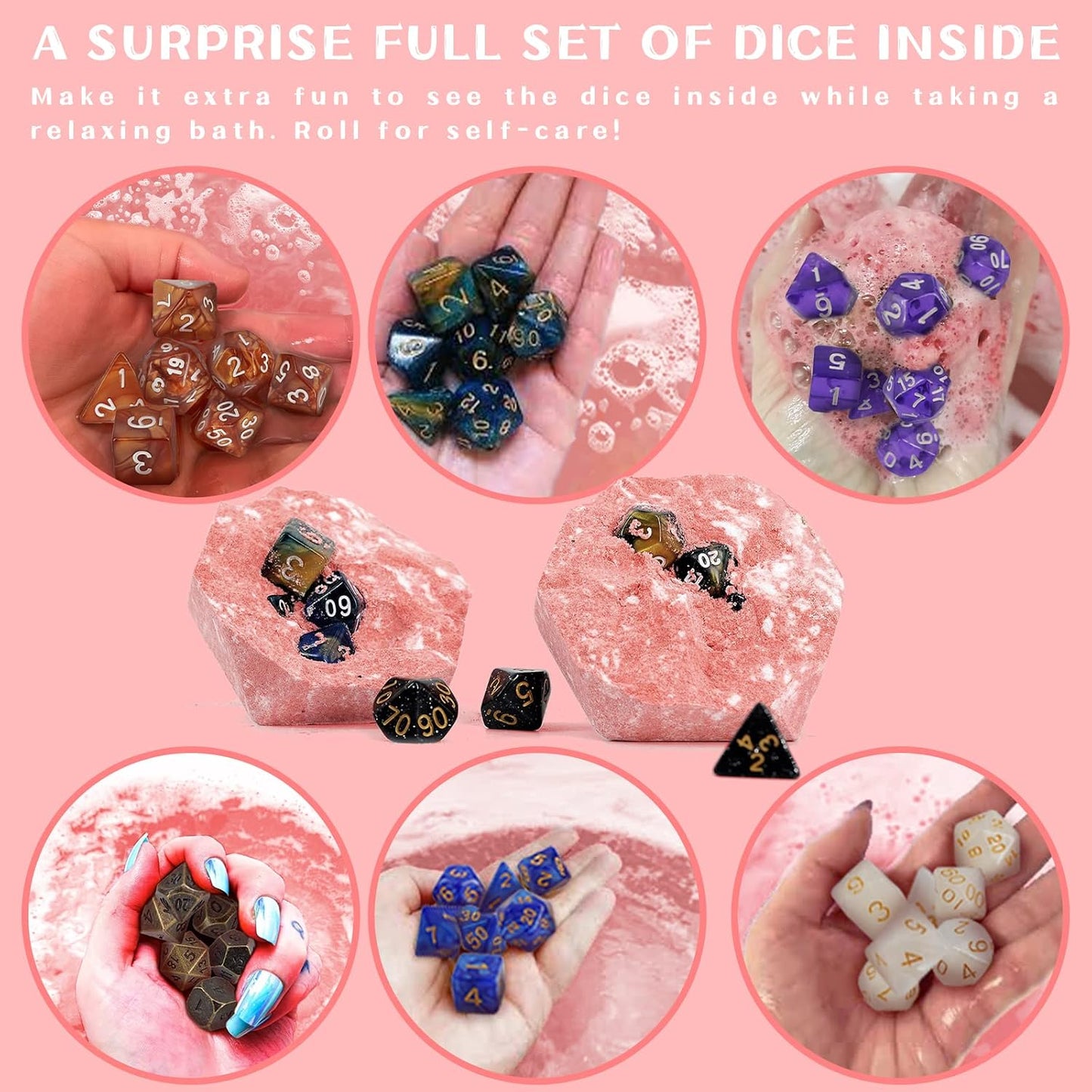 D20 Bath Bomb with Hidden Polyhedral Dice Set, Dragon Blood Scent | 11 oz D20 Shape, Hidden 7-Piece Dice Set, Peach & Rose Scent, Skin-Nourishing Formula, Gift for RPG Gamers & Fans