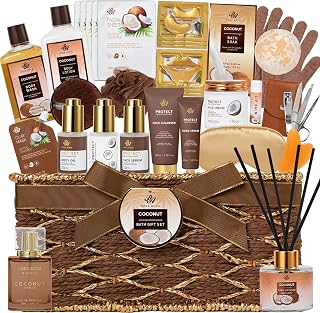 35 Pcs Coconut Vanilla Spa Gift Basket for Women & Men, Face Skin Care Set, Bath & Body Set, Self Care Pamper Kit, Diffuser, Bath Bomb, Birthday, Christmas, Valentines, Mother Day, Anniversary