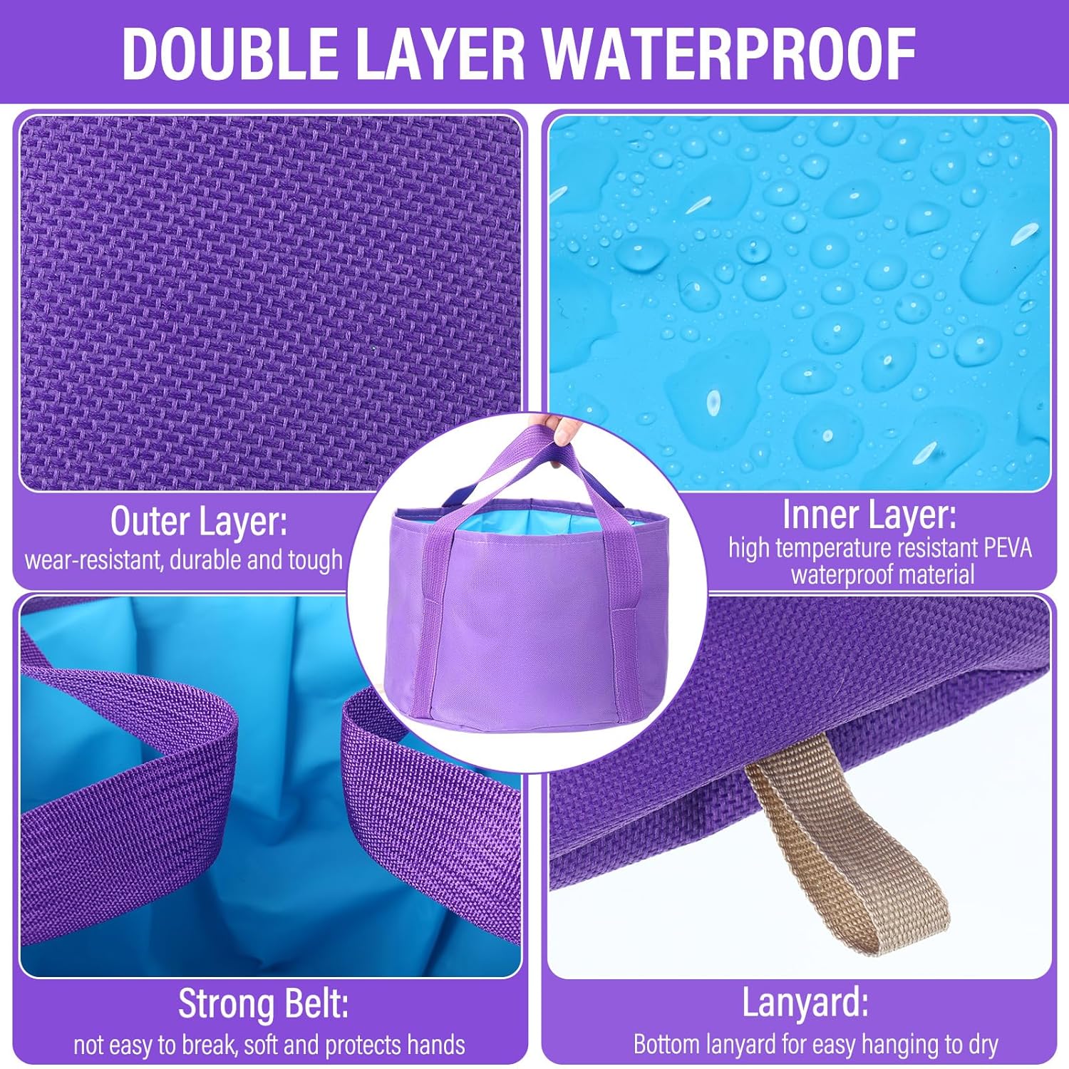 FillTouch 12 Pcs 15L Foldable Foot Soaking Tub Kit Portable Foot Bath Tub for Soaking Feet with Towel and Storage Bag Soak Spa Bucket for Travel Camping (Purple)