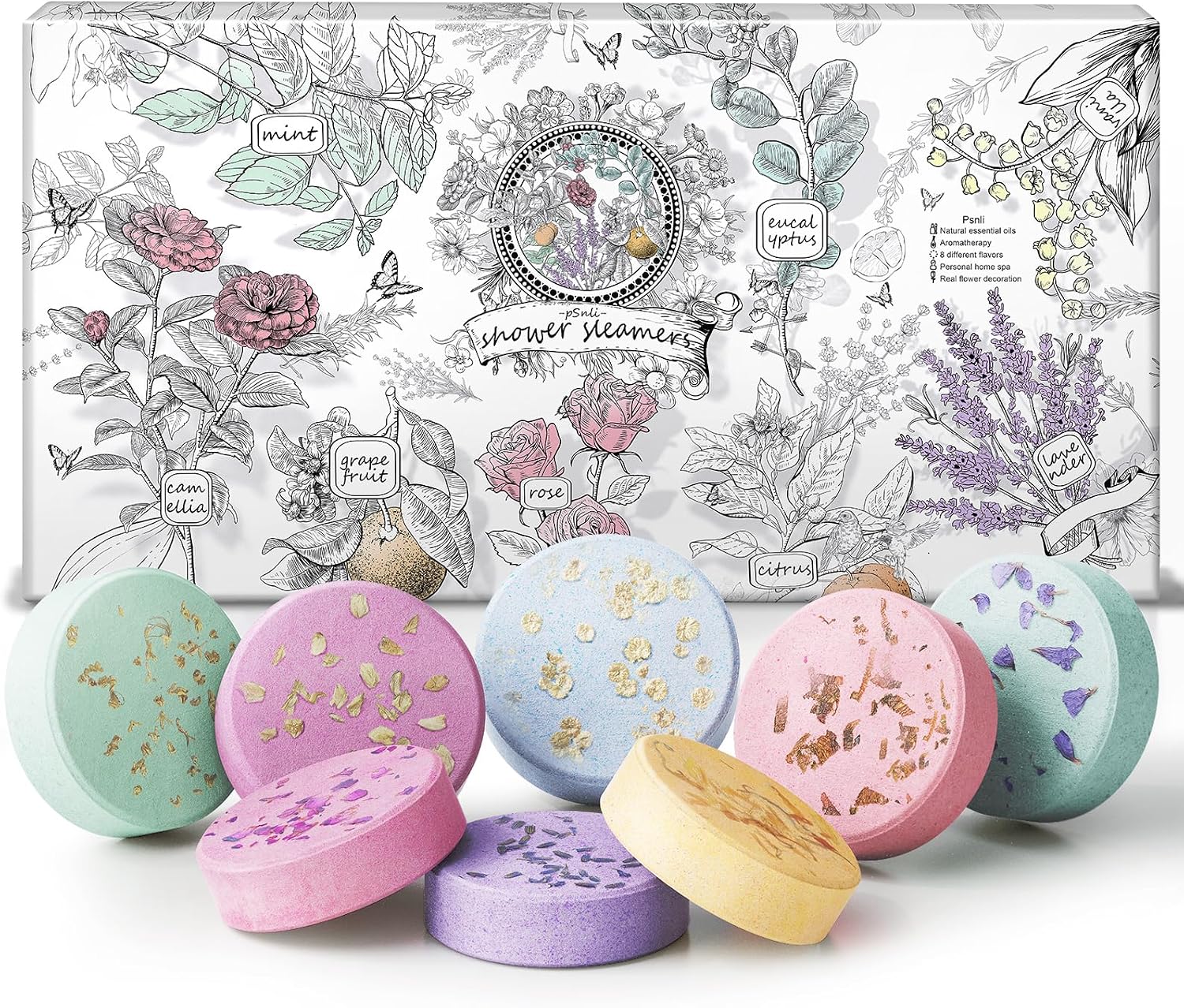 Shower Steamers Aromatherapy Stocking Stuffers 8 Scents, Christmas Gifts for Women Elegant Packaging Birthdays Gifts for Mom, Natural Essential Oil Home Spa Self Care & Relaxing Lavender