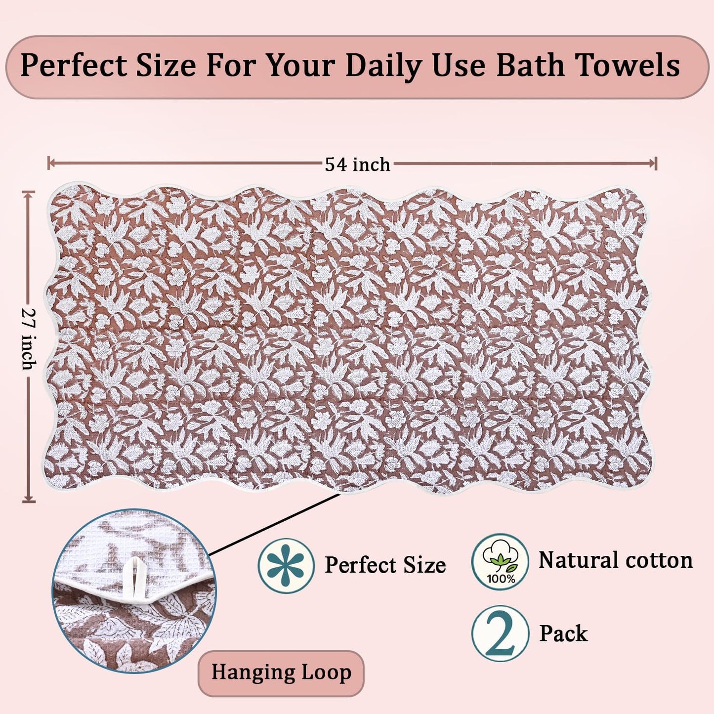 Ridhi Block Print Oak Brown Cotton Spa/Beach Towel 27"x54" Set of 2 Handmade Beach Towel, Quick Dry Turkish Style Bath, Soft Absorbent Luxury Towel for Home, Gym & Spa, Hair Drying