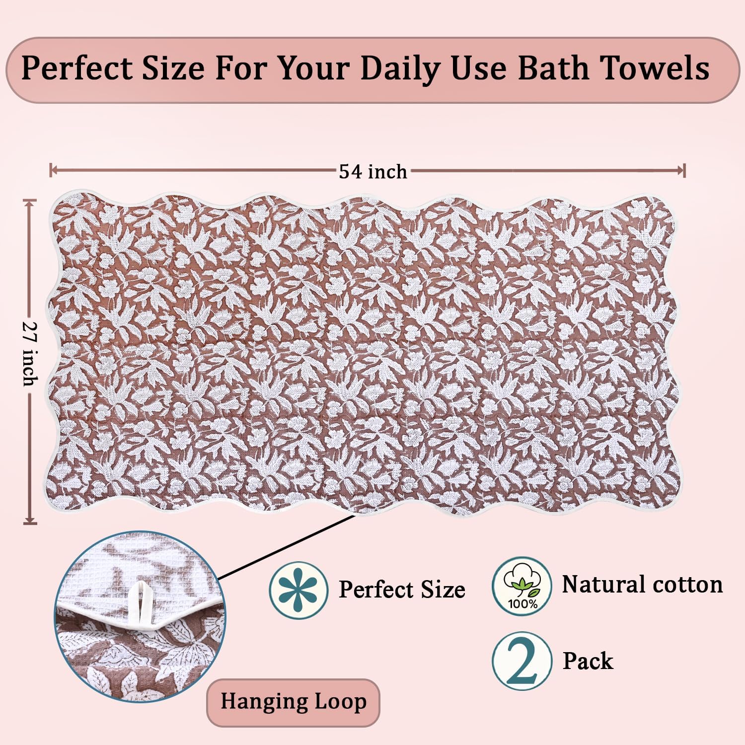Ridhi Block Print Oak Brown Cotton Spa/Beach Towel 27"x54" Set of 2 Handmade Beach Towel, Quick Dry Turkish Style Bath, Soft Absorbent Luxury Towel for Home, Gym & Spa, Hair Drying