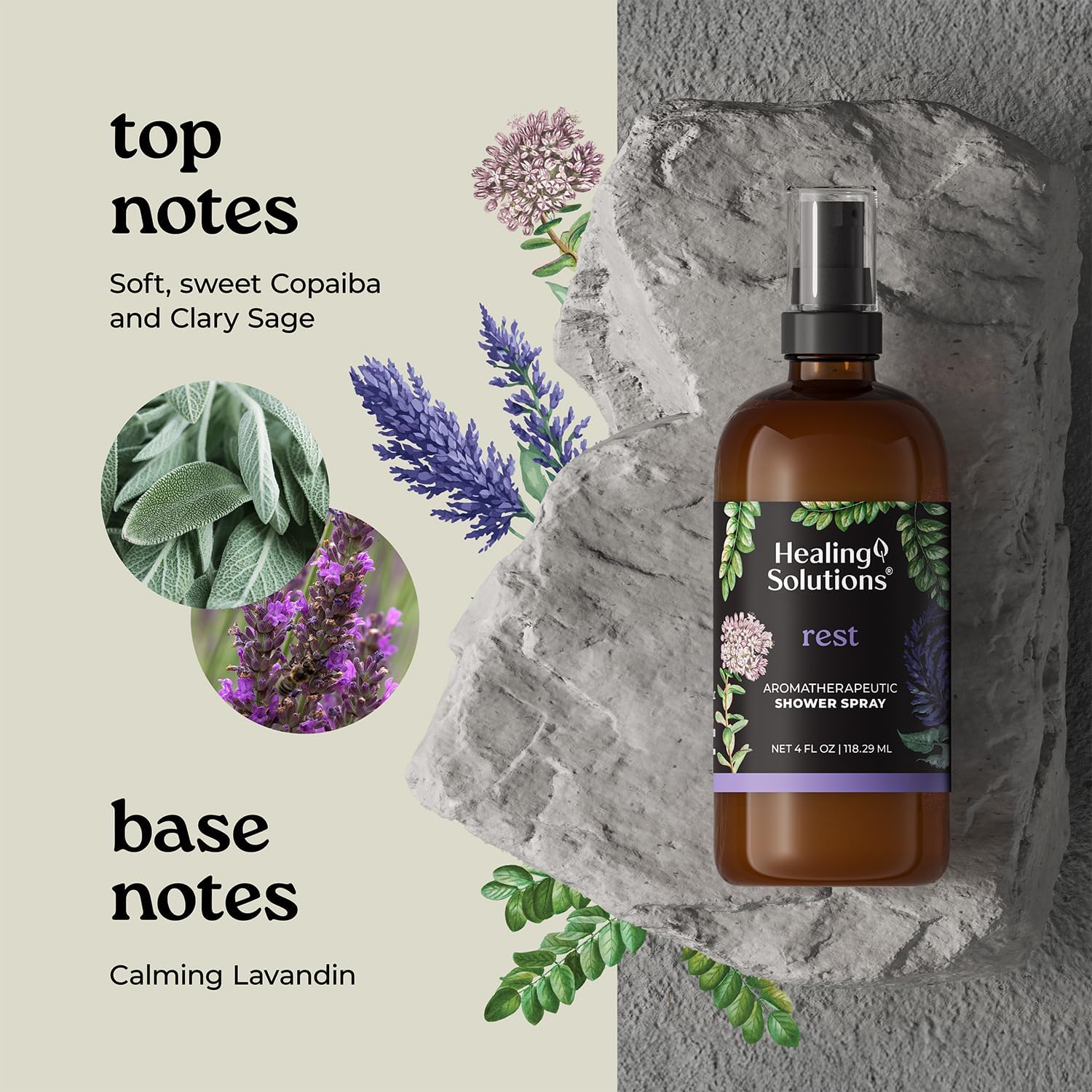 Healing Solutions Aromatherapy Shower Spray, Rest Blend, 4oz, Made in the USA, At Home Spa Experience, Premium Sleep Support (4oz, Rest Blend)
