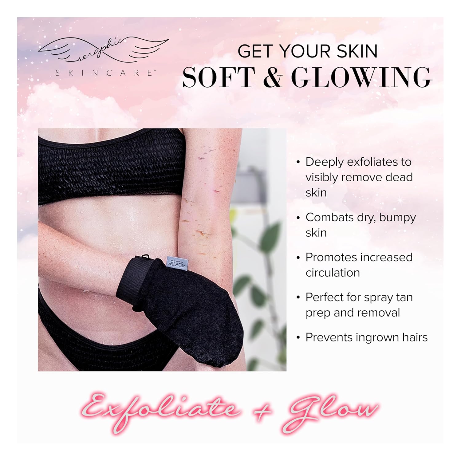 Seraphic Skincare Original Premium Exfoliating Mitt for Body (2pc) – 100% Vegan Viscose Traditional Body Scrub Glove Kessa Korean Washcloth – Body Exfoliator for Self-Tan Removal & Keratosis Pilaris