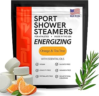 Pure Energizing Sport Shower Steamers - Natural Orange and Tea Tree Essential Oils, Made in USA, Muscle Recovery for Athletes, Gifts for Runners, Energizing Birthday Gifts for Men