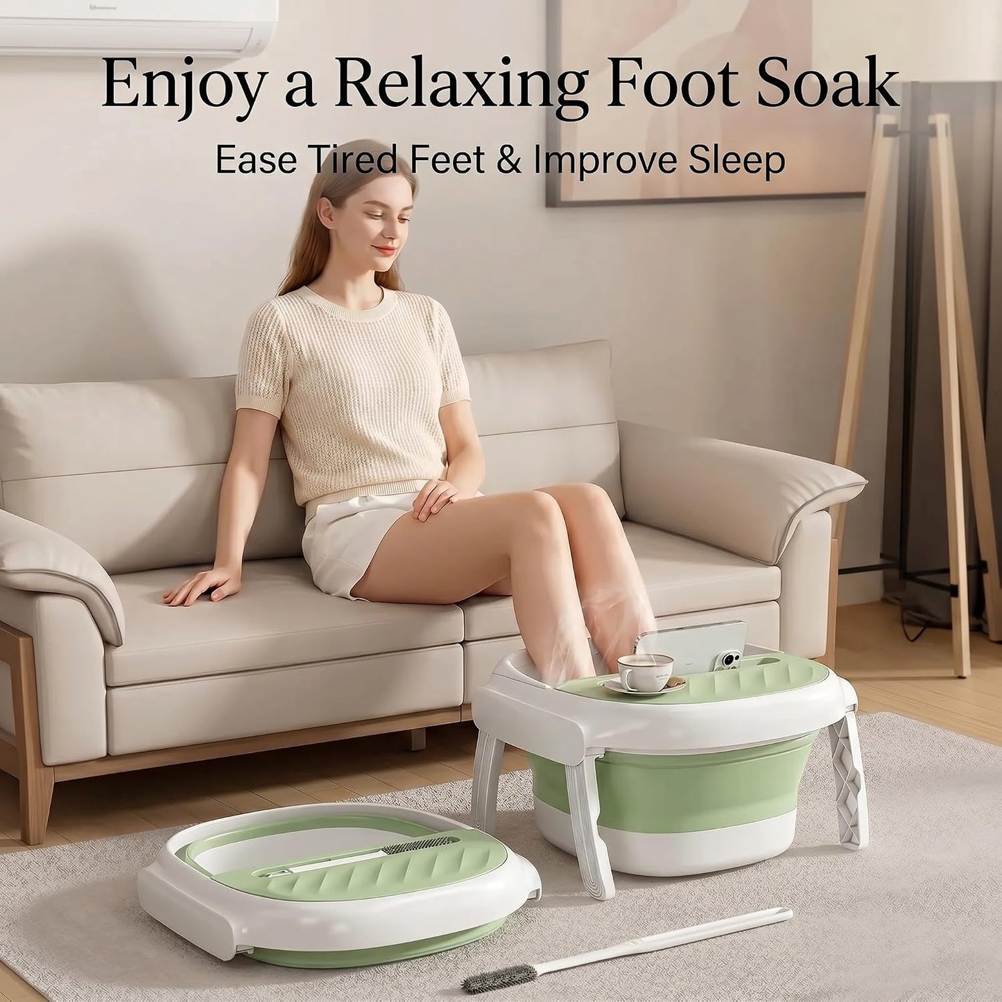 Collapsible Foot Bath Tub with Long Handle Foot Brush, Foldable Foot Soaking Tub with Insulated Lid & Sturdy Support Frame, Pedicure Foot Spa Basin for Men Women Home Travel (Green)