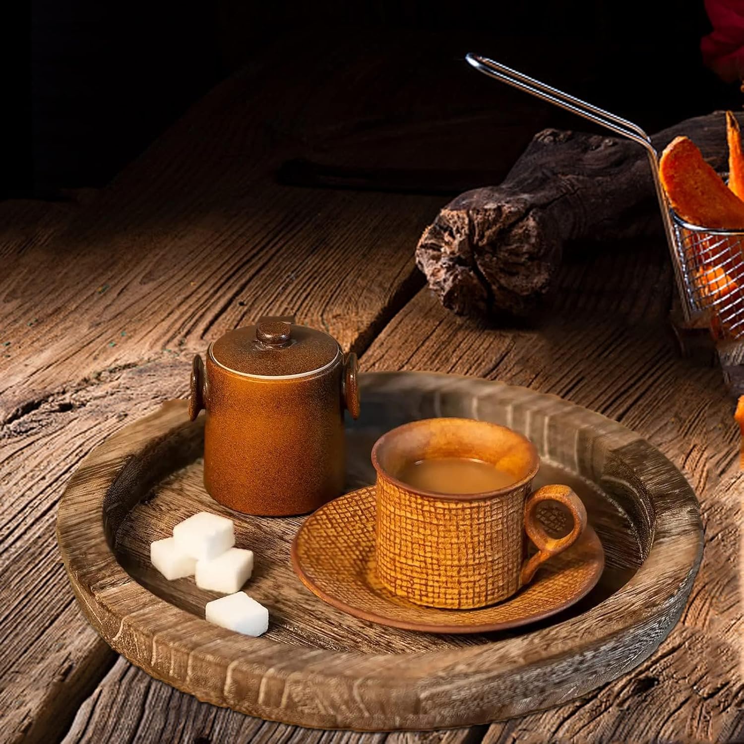 Rustic Wooden Serving Tray - Candle Holder Tray Home Decor, Small Wooden Serving Tray, Round Wood Tray for Coffee Table, Decorative Tray, Centerpiece Table Decorations for Home Decor (8.07 in), Retro