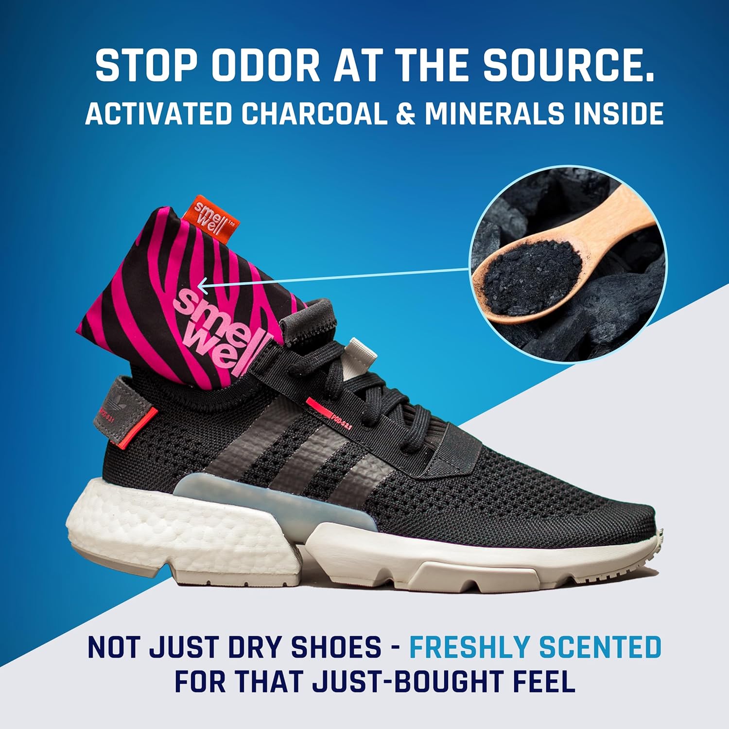 SmellWell - Scented Shoe Deodorizer Inserts - Odor Eliminators - Activated Bamboo Charcoal + Minerals - Natural Fresheners for shoes, bags, gloves - 2 x 1.8oz Original Size - Black Zebra