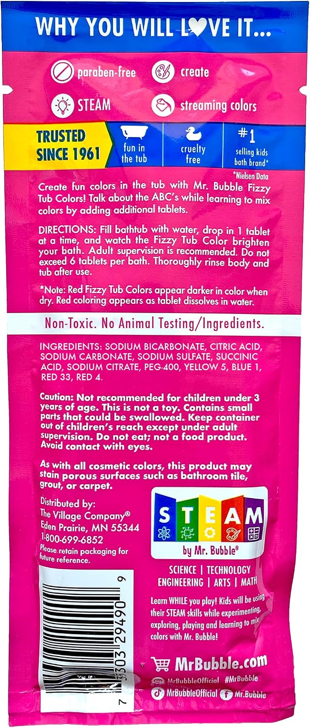Mr. Bubble Fizzy Tub Colors Bath Water Coloring Tabelets, 6 Bright Colors, Red, Orange, Yellow, Purple, Blue and Green, Fragrance Free (12 Packets, 9 Tablets Each)