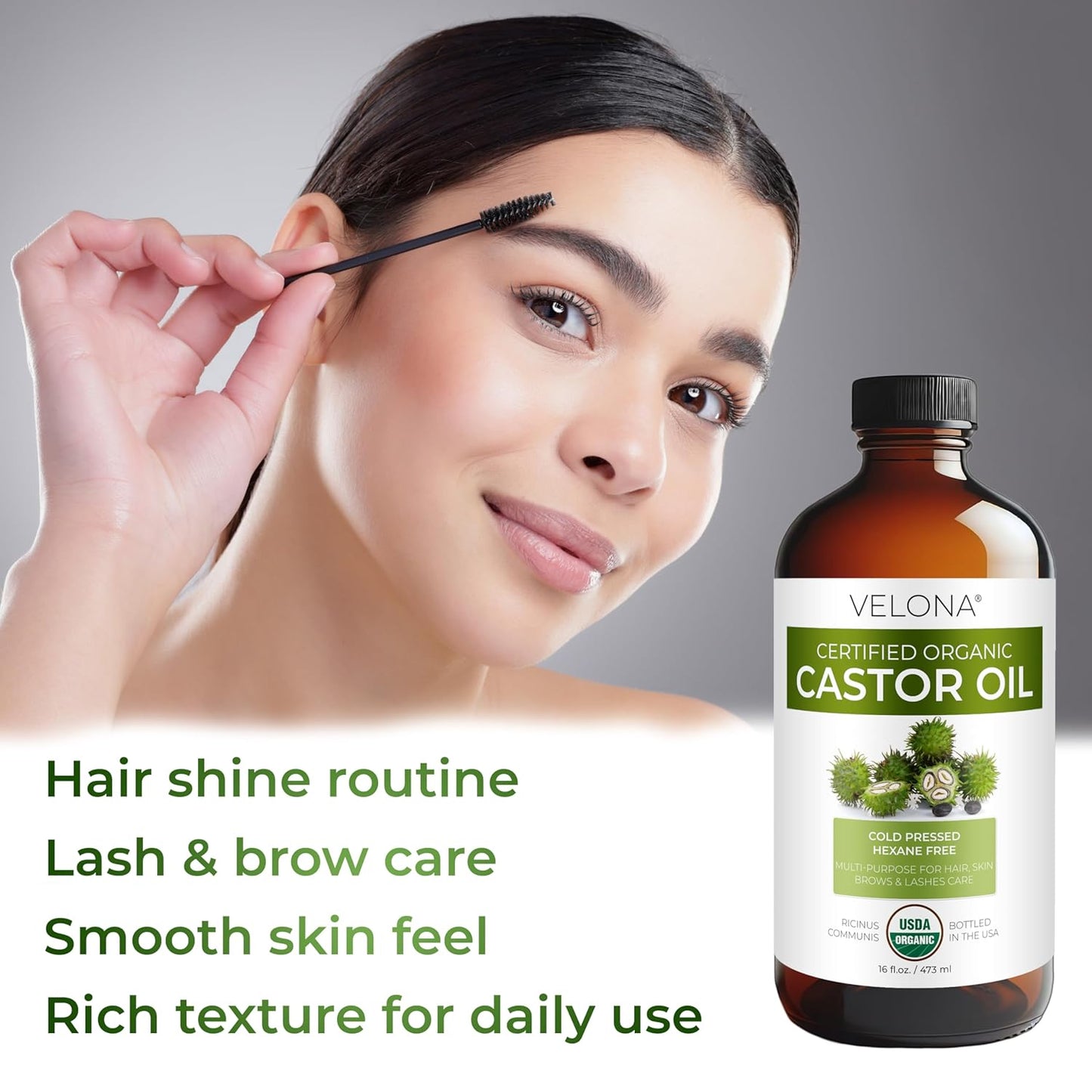 velona USDA Certified Organic Castor Oil – 16 fl oz in Glass Bottle | Cold-Pressed, Hexane-Free, USP Grade | Eyelash & Eyebrow | Bottled in USA