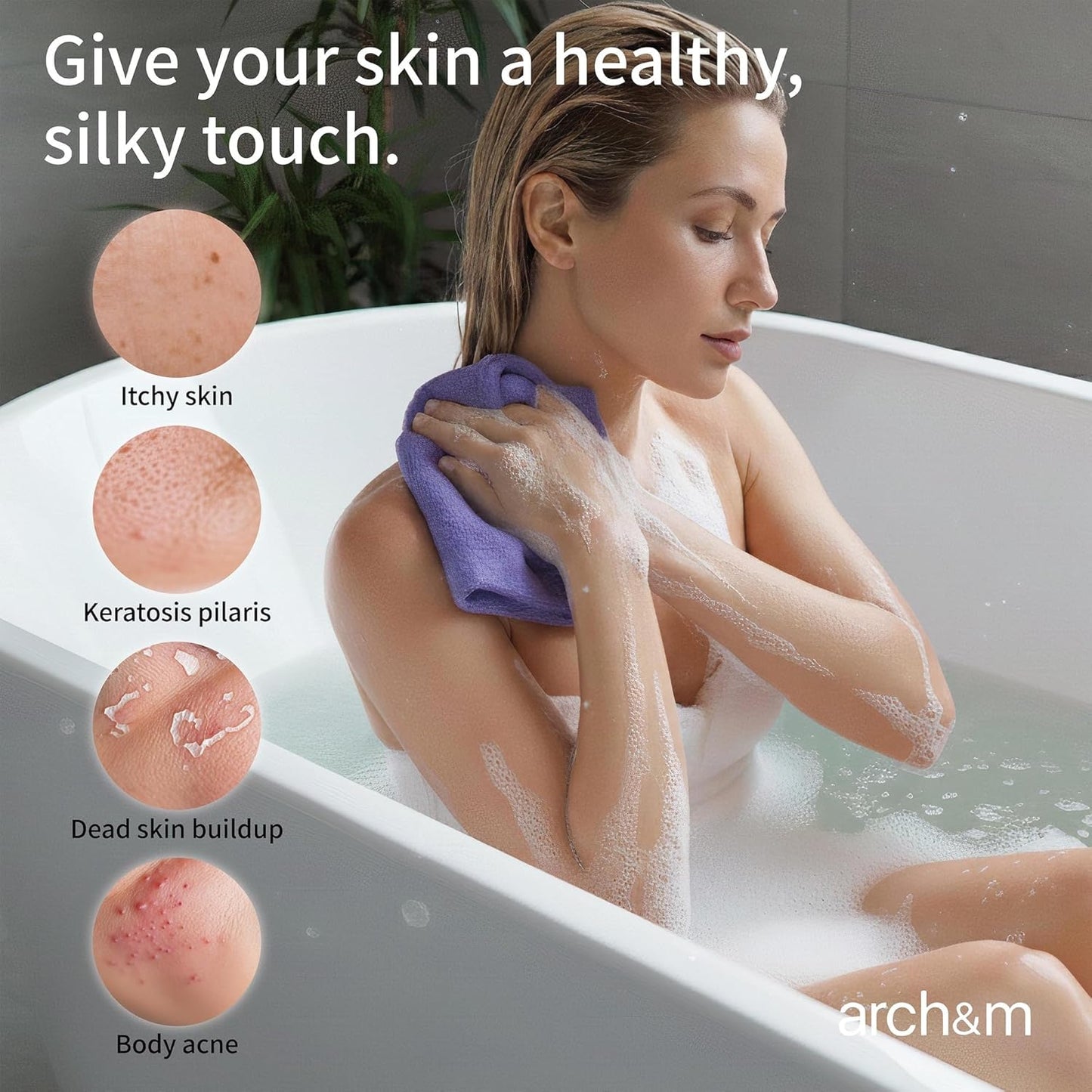 ARCH&M Exfoliating Washcloth & Shower Body Scrubber, 35 Inch, 3 Pack | Japanese & Korean Back Scrubber Towel, All Skin Type Daily Use in Shower, Textured Nylon, Smoother Skin, Quick-Dry