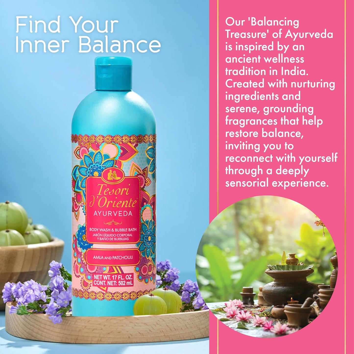 Tesori d’Oriente Ayurveda Body Wash & Bubble Bath, 17.5 fl oz, Gentle, Hydrating Shower Gel with Amla Oil & Vitamin-E, Warm Patchouli Citrus Scented, No Silicones, Parabens & Mineral Oil
