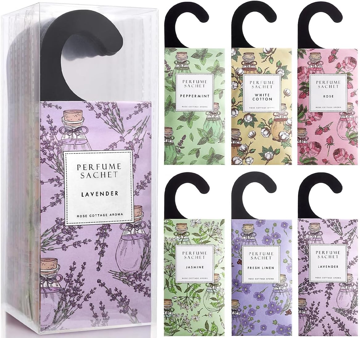 ROSE COTTAGE Large 12 Packs Hanging Closet Deodorizer Air Freshener Scented Sachets Long Lasting Smell Goods 6 Scents Option - Lavender, Linen, Cotton, Mint, Jasmine, Rose