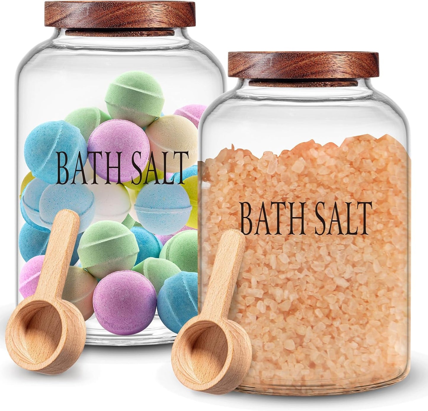 SiliFine 2 Sets 74 oz Glass Bath Salts Jar with Wooden Scoop and Lid, Bath Salt Container for Bathroom Organizers and Storage, Bathtub Accessories for Women Bathroom, Home Decor