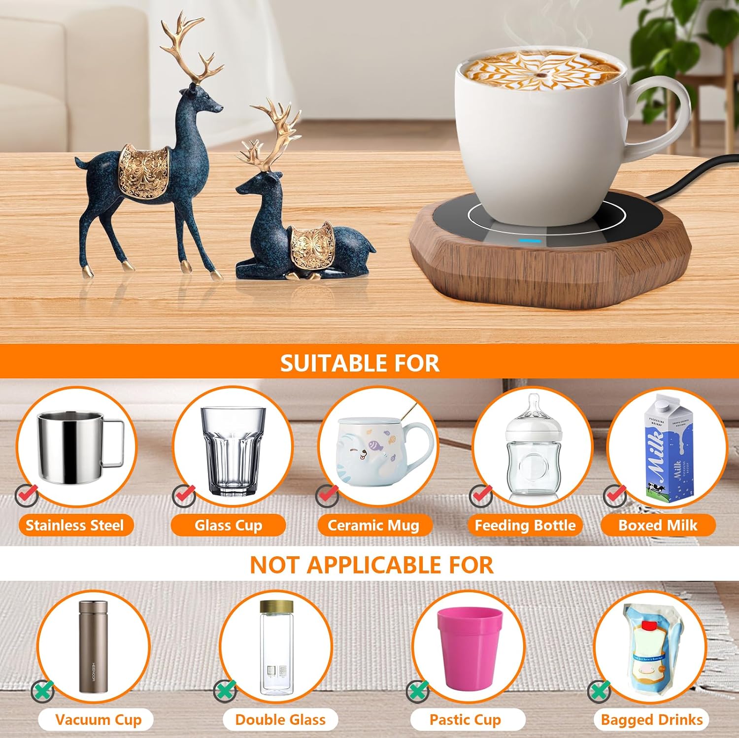 Coffee Mug Warmer: Smart Beverage Heating Plate Candle Wax Cup Warmer Electric Thermostat Coaster for Hot Coffee Milk Tea Water Cocoa Desk Home Office Use (R1 Wood Grain)