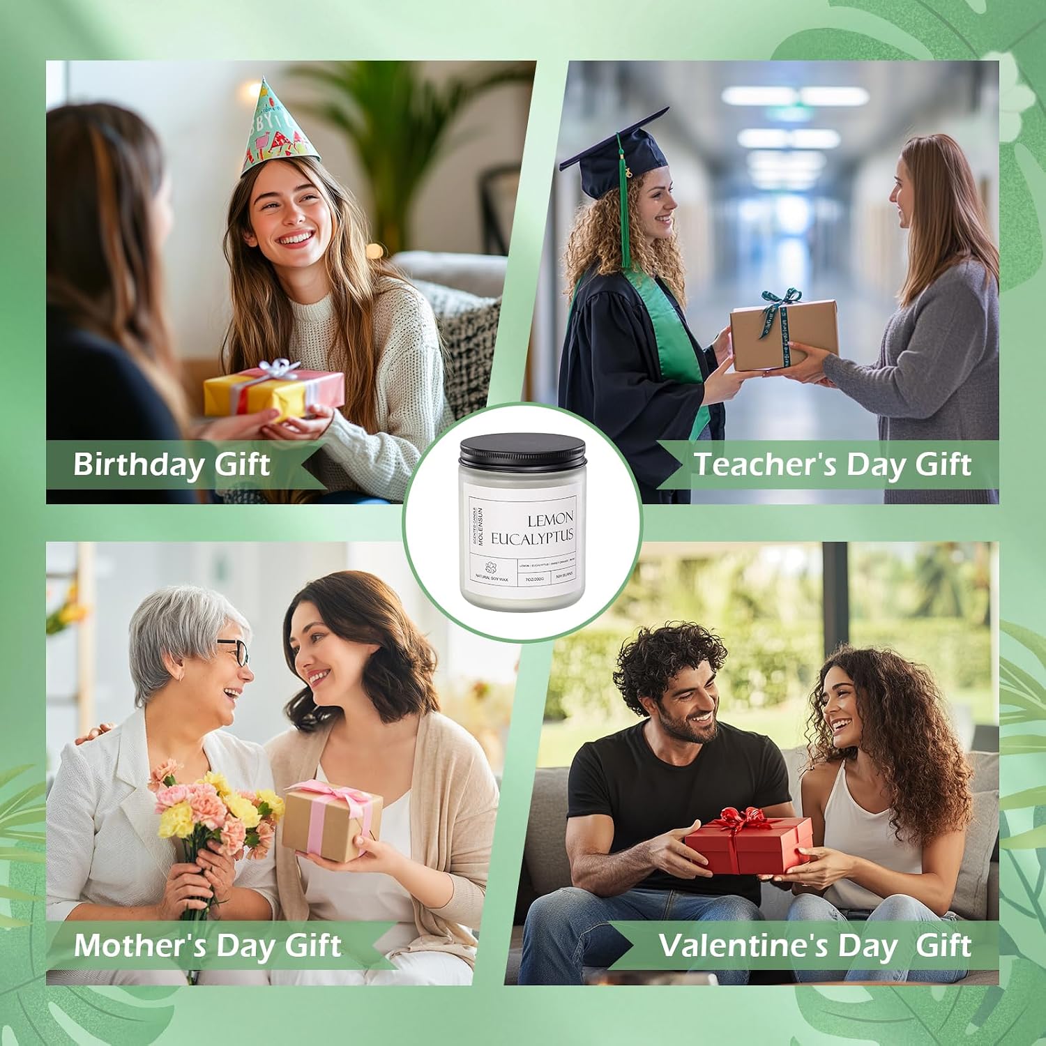Molensun Lemon Eucalyptus Scented Candles, Aromatherapy Jar Candle, 7 oz Long Lasting Candles, Soy Wax Candle Gift for Women