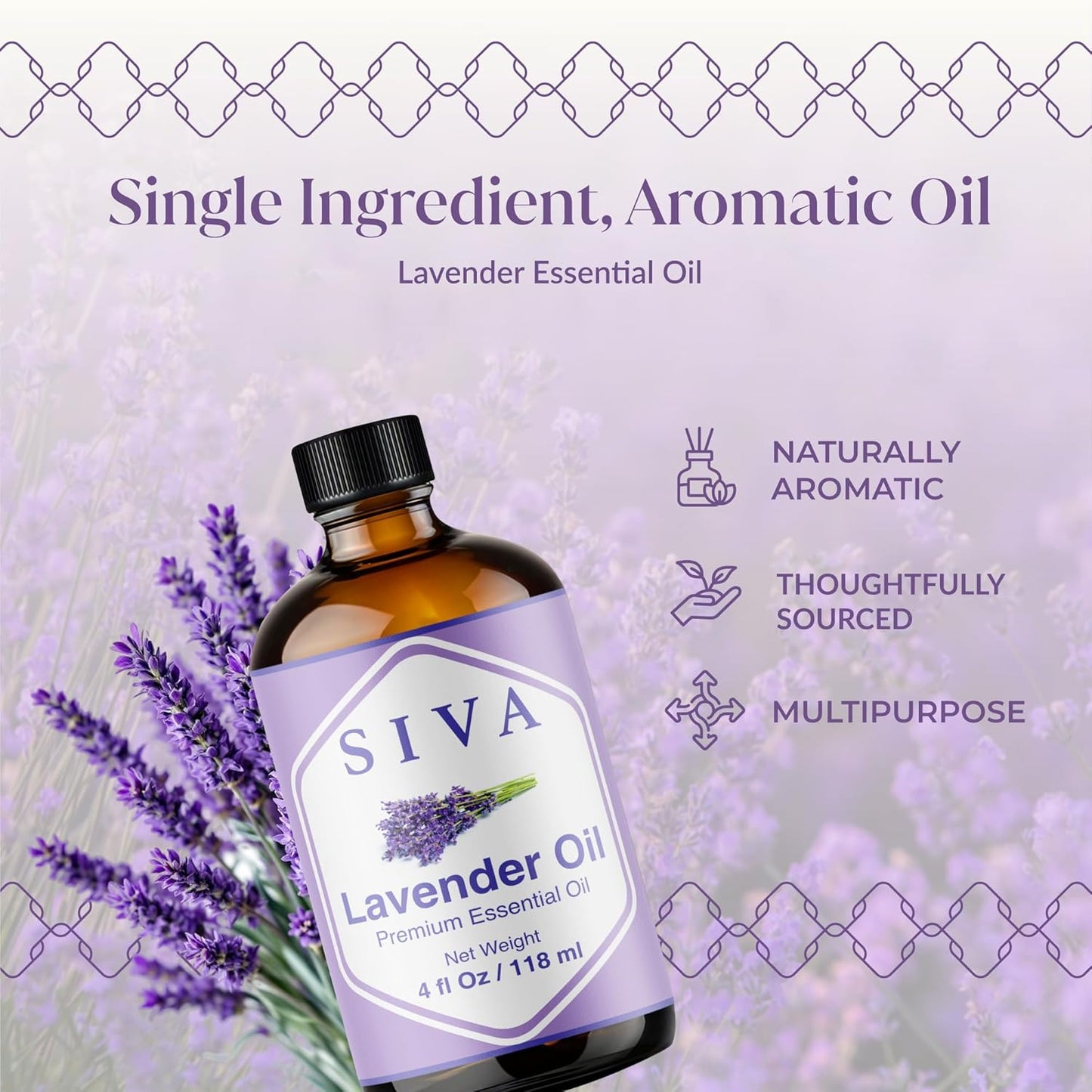 Siva Lavender Essential Oil 4 Fl Oz – for Diffuser, Skin & Hair Care – Ideal for Aromatherapy, Massage & DIY Blends – with Dropper